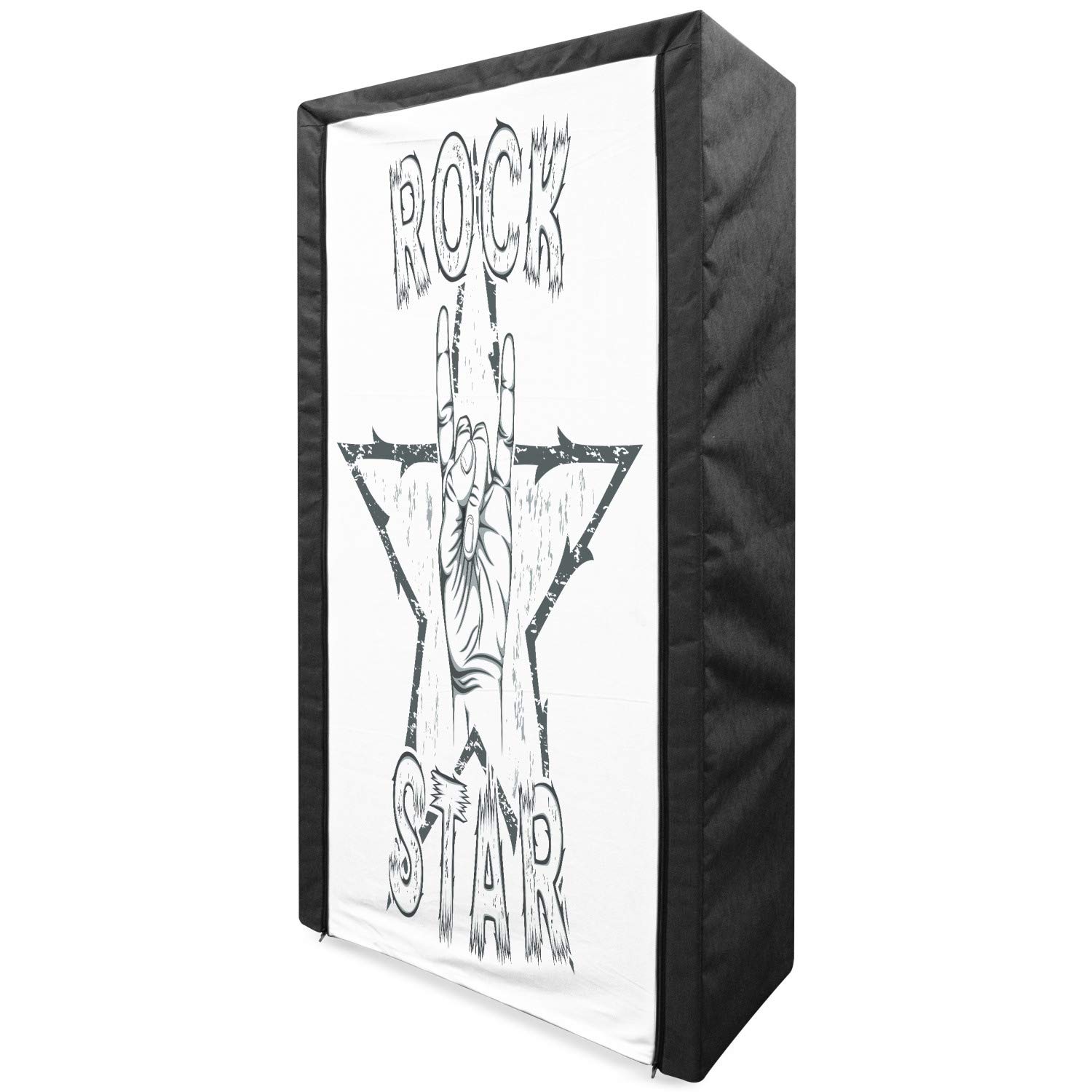 Ambesonne Popstar Party Portable Fabric Wardrobe - Rock Star Themed Clothing Organizer with Shelves | Vintage Grunge Sketch Design | 33.5