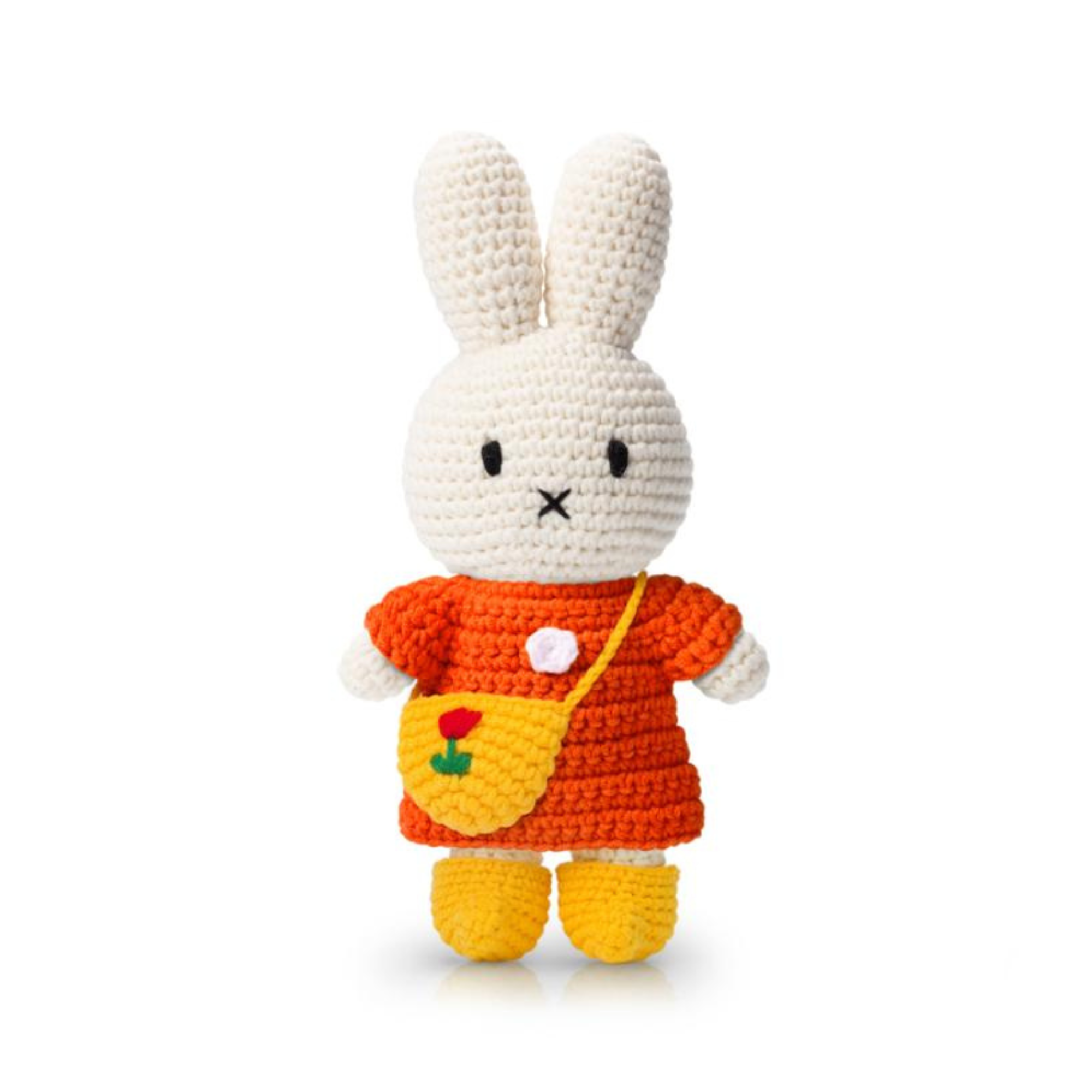 Handmade Miffy Crochet Plush Doll with Red Dress, Tulip Bag & Yellow Shoes | Kawaii Dutch Collectible, Soft Stuffed Animal Toy for Girls | Perfect Gift for Birthday, Nursery Decor & Anime Lovers Collection
