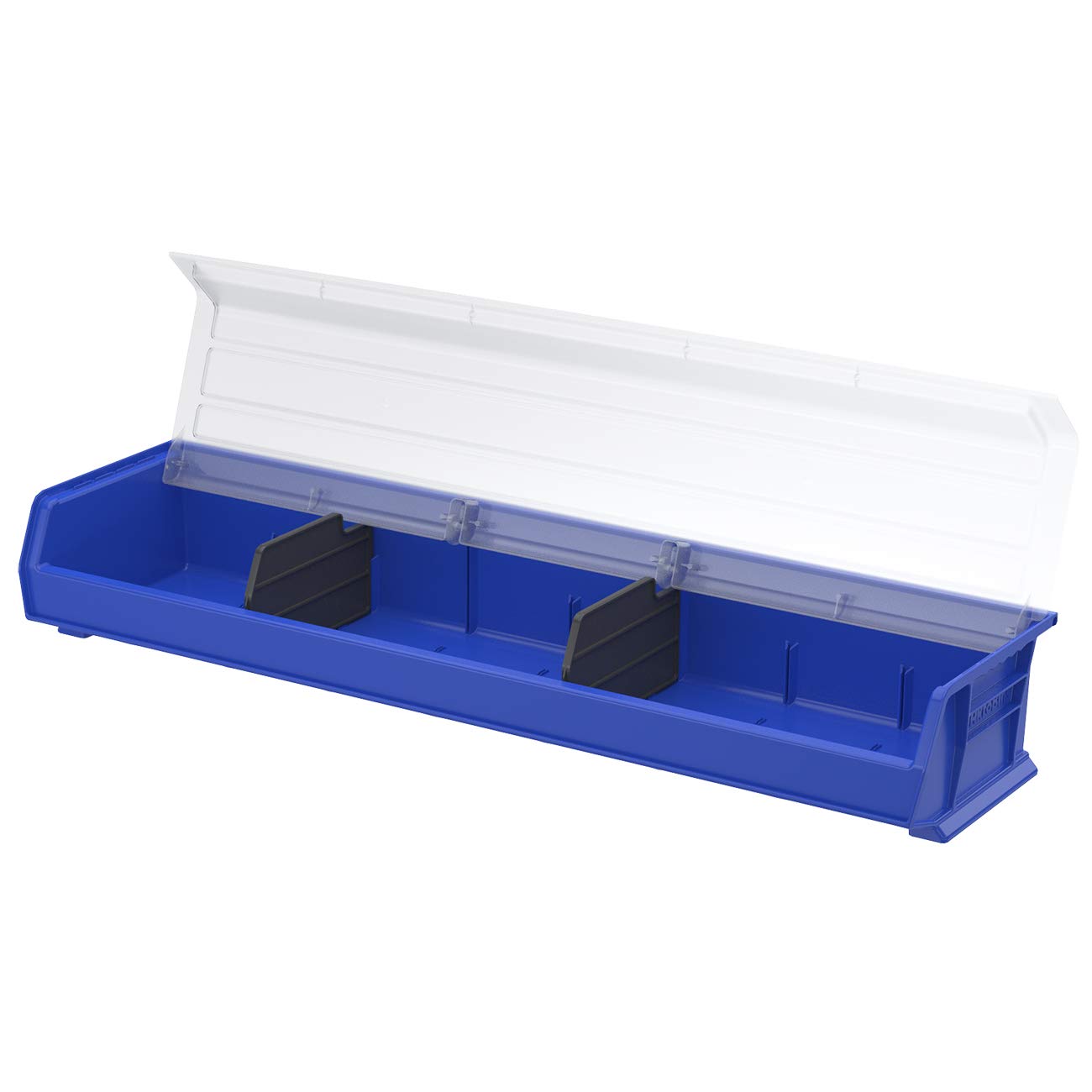 Akro-Mils 30320 AkroBins Plastic Storage Bins - 4-Pack Hanging Stackable Organizer Containers (9x33x5 Inches, Blue) - Perfect for Garage, Workshop, Warehouse & Retail Storage Organization