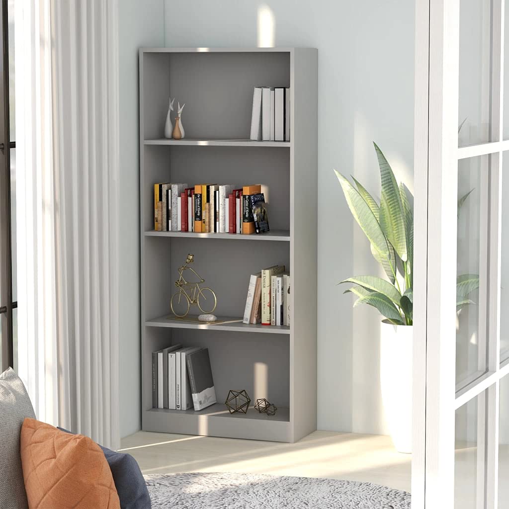 Modern 4-Tier Bookcase Storage Cabinet with Shelves, Corner Bookshelf Organizer for Home Office - Gray Chipboard (23.6
