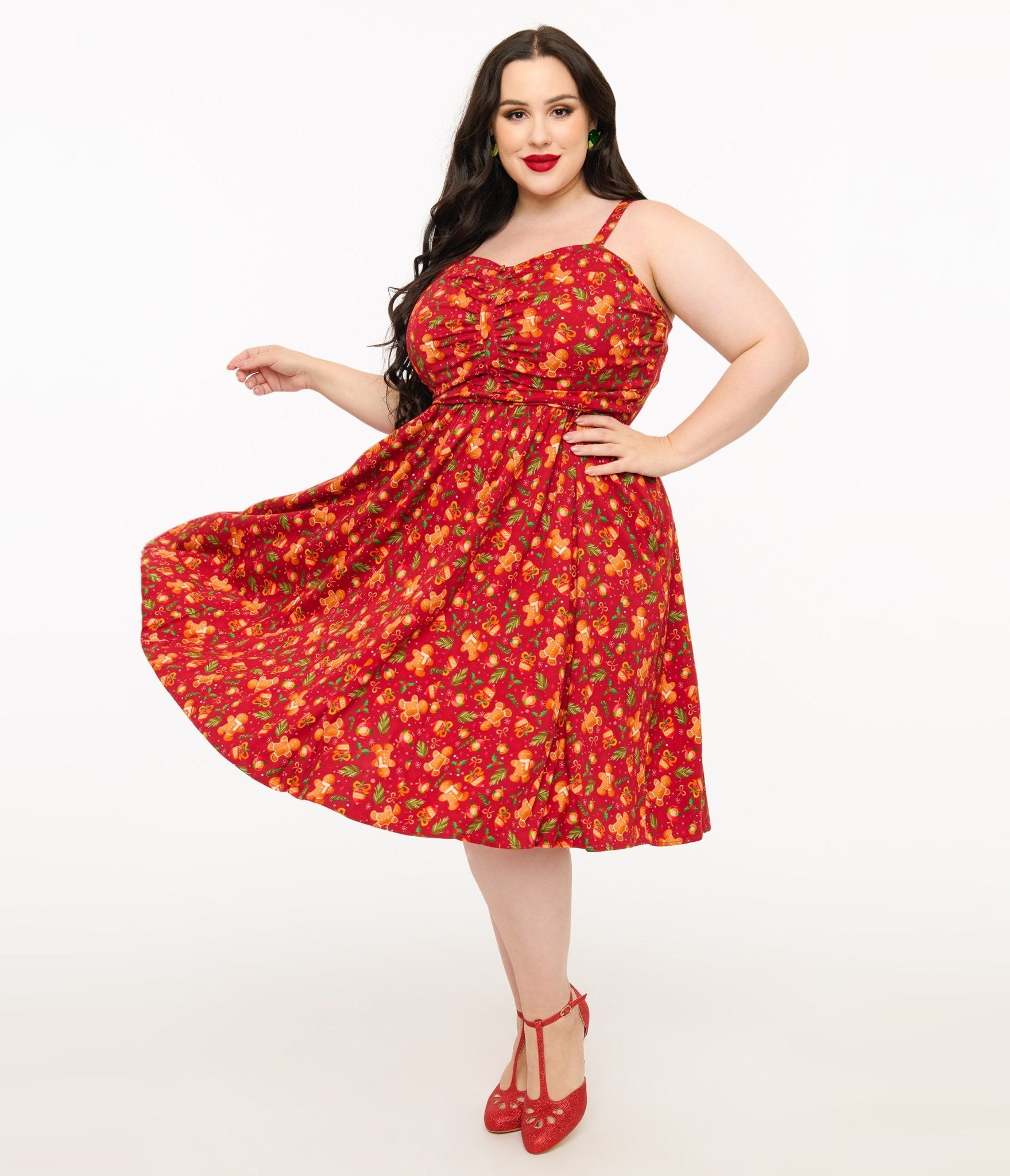 Miss Lulo Plus Size 1950s Vintage Red Gingerbread Man Print Eden Fit & Flare Dress - Christmas Party, Holiday Outfit, Retro Pinup Style, Casual Wear