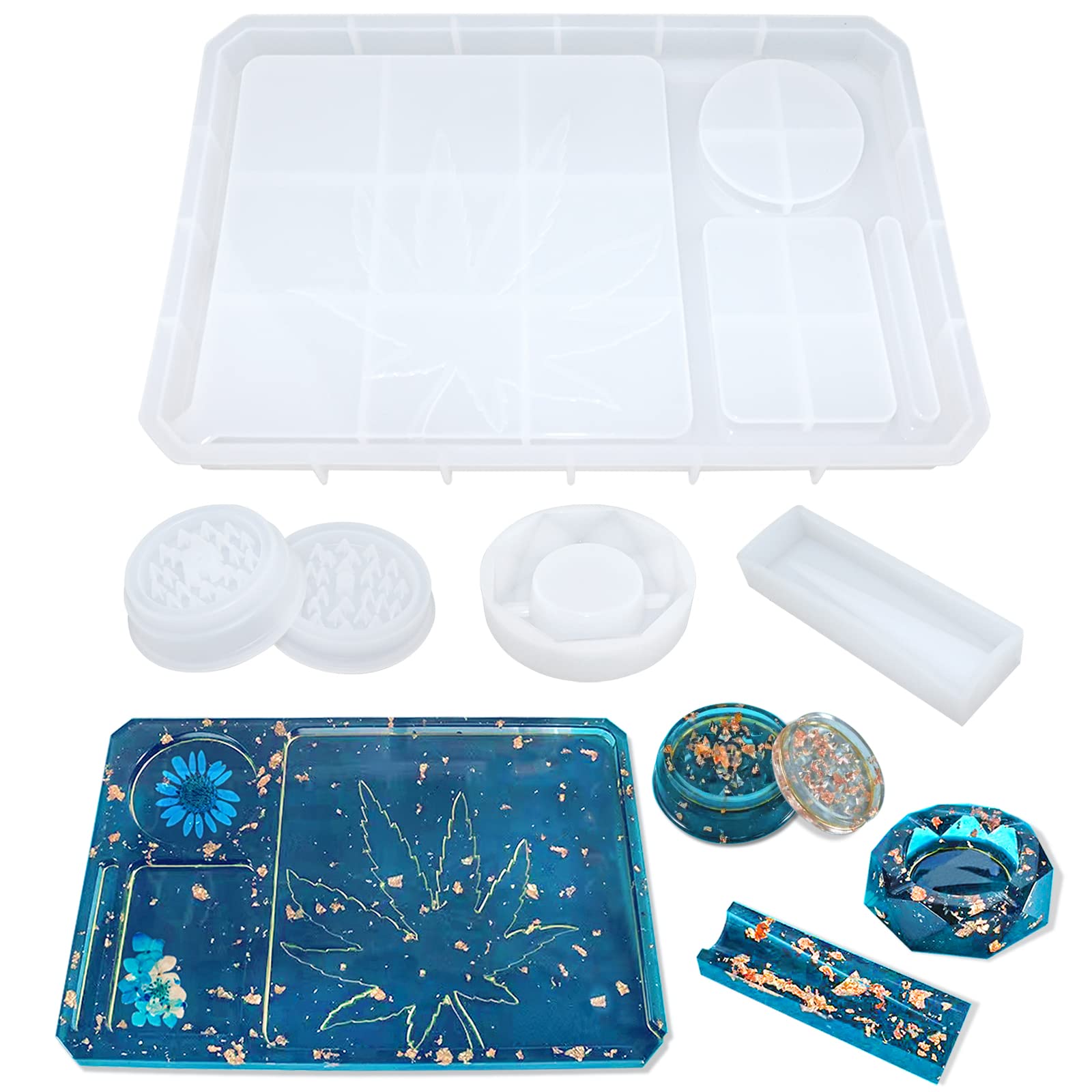 5 PCS Silicone Resin Molds Set with Large Rolling Tray & Grinder Mold - DIY Epoxy Resin Casting Kit for Jewelry Making, Home Decor, and Craft Projects - Perfect for Resin Art, Storage, and Creative Gifts