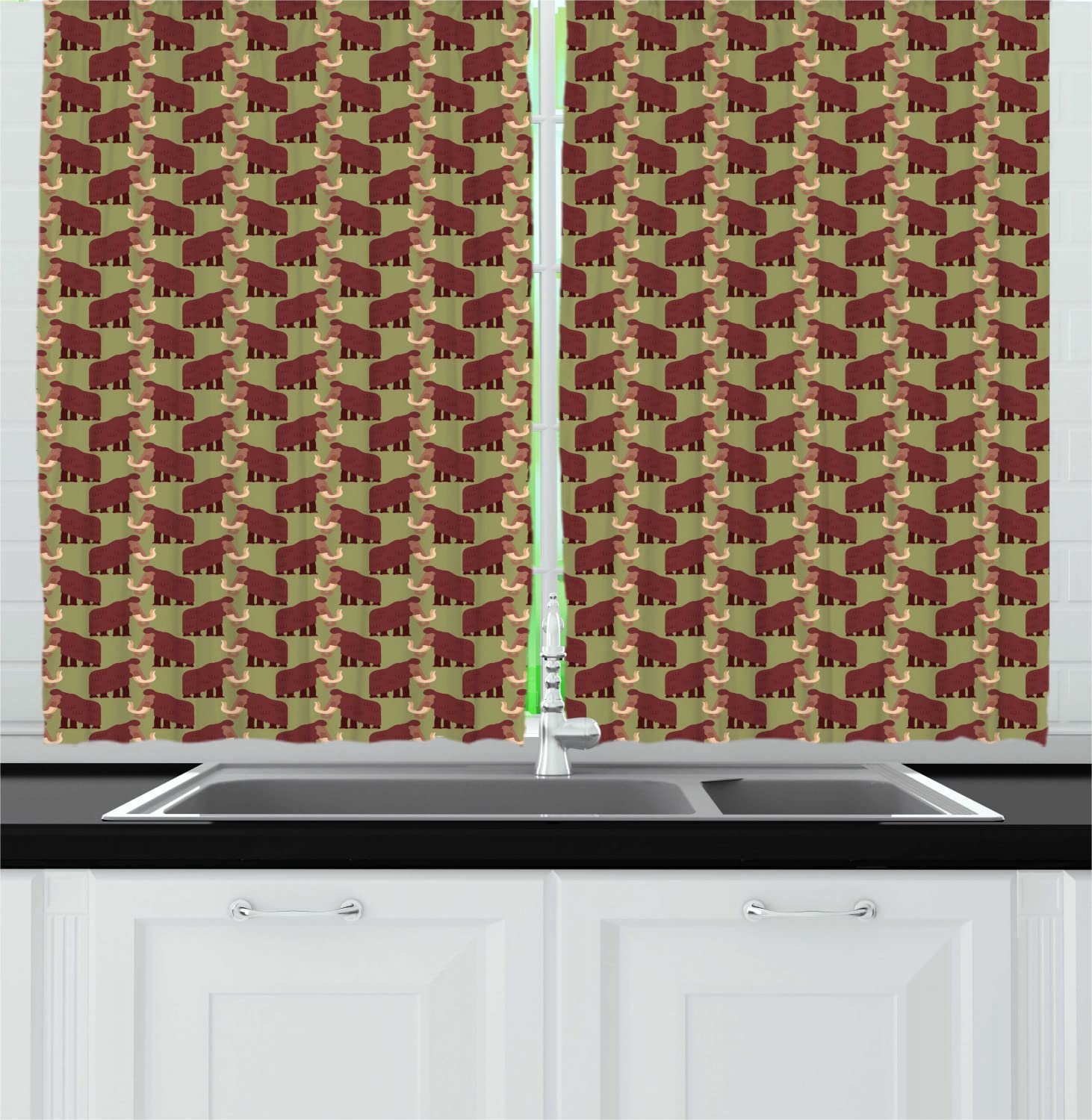 Ambesonne Animal Print Kitchen Curtains - Funny Savannah Wildlife with Mammoth & Prehistoric Elephants Design, 2 Panel Drapes with Rod Pocket, 55 x 45 Inches, Pale Maroon Green - Perfect for Jungle Themed Dining Room & Safari Nursery Decor