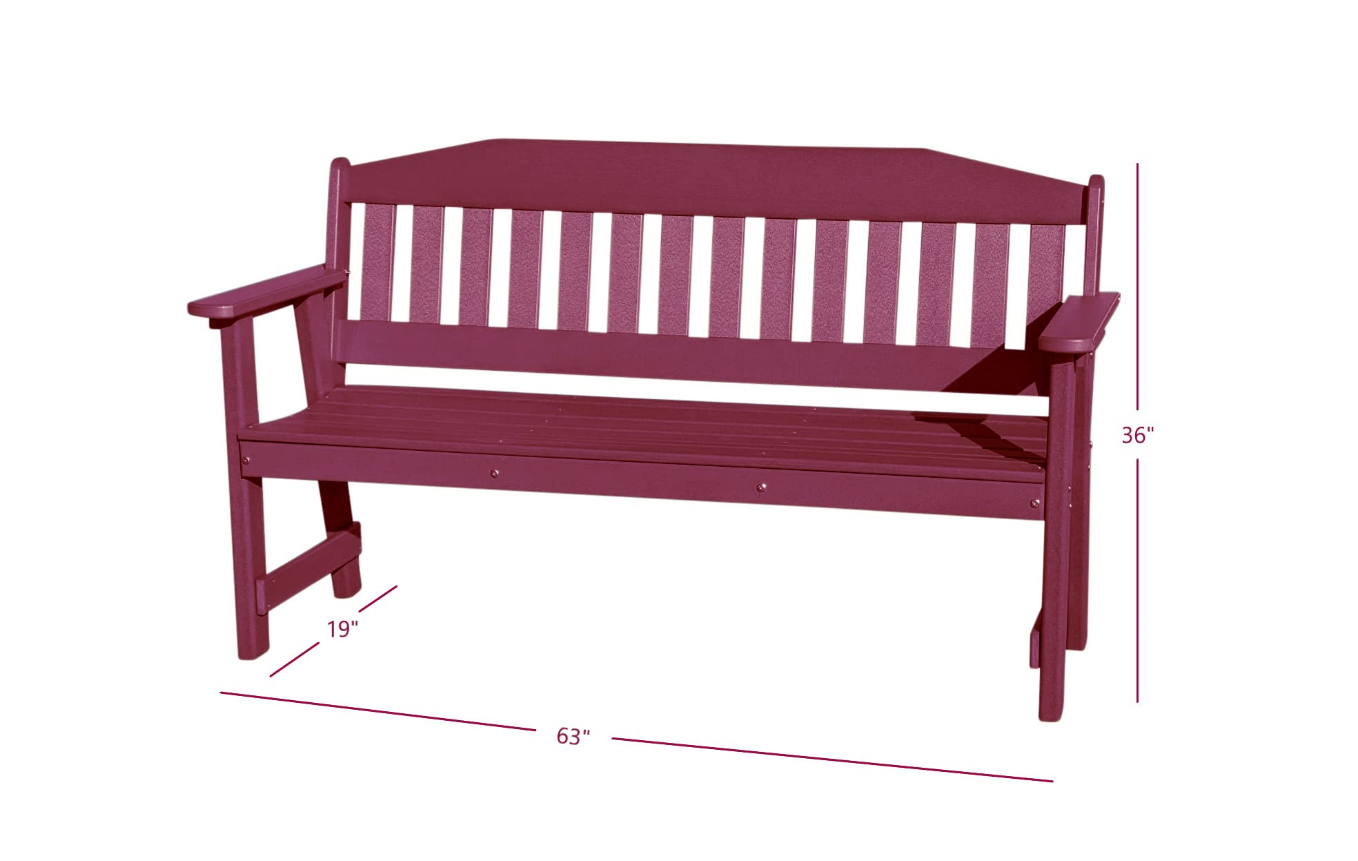 Phat Tommy Outdoor Garden Bench - Durable Poly Lumber Furniture with Back Support, Weatherproof & Eco-Friendly Recycled Material, Dark Red - Perfect for Patio, Backyard, and Garden Seating