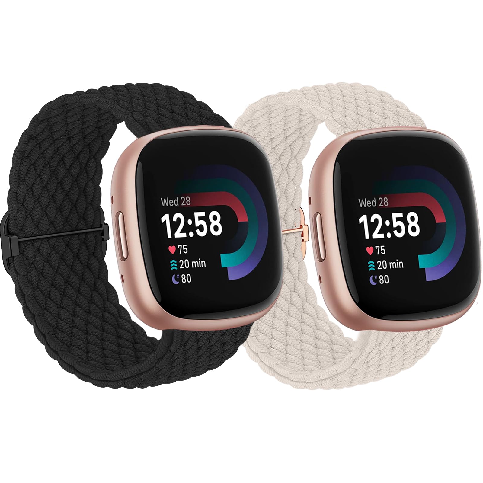 **BXKM 2 Pack Braided Nylon Watch Band for Fitbit Versa 4/3/Sense 2 – Soft Adjustable Solo Loop Strap for Women – Breathable & Comfortable for Workouts, Running & Daily Wear**