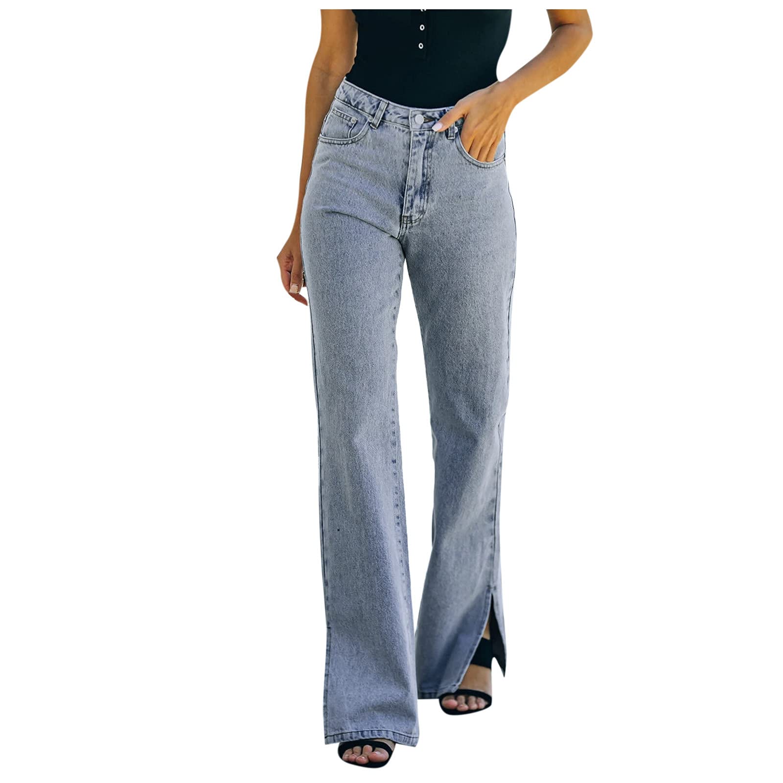 Jchen Women's High Waist Wide Leg Denim Jeans - Vintage Bell Bottom Pants with Side Slit, Casual Loose Fit Baggy Trousers for Streetwear Fashion | Perfect for Everyday Wear, Parties and Retro Style Outfits