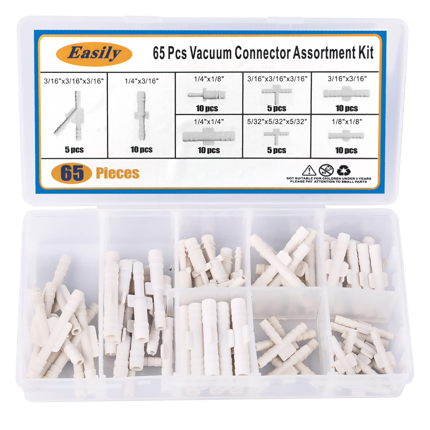 65 PCS Nylon Vacuum Tube Hose Tee Connector Kit - Automotive Vacuum Connector Assortment for Car, Truck & SUV Repair - White