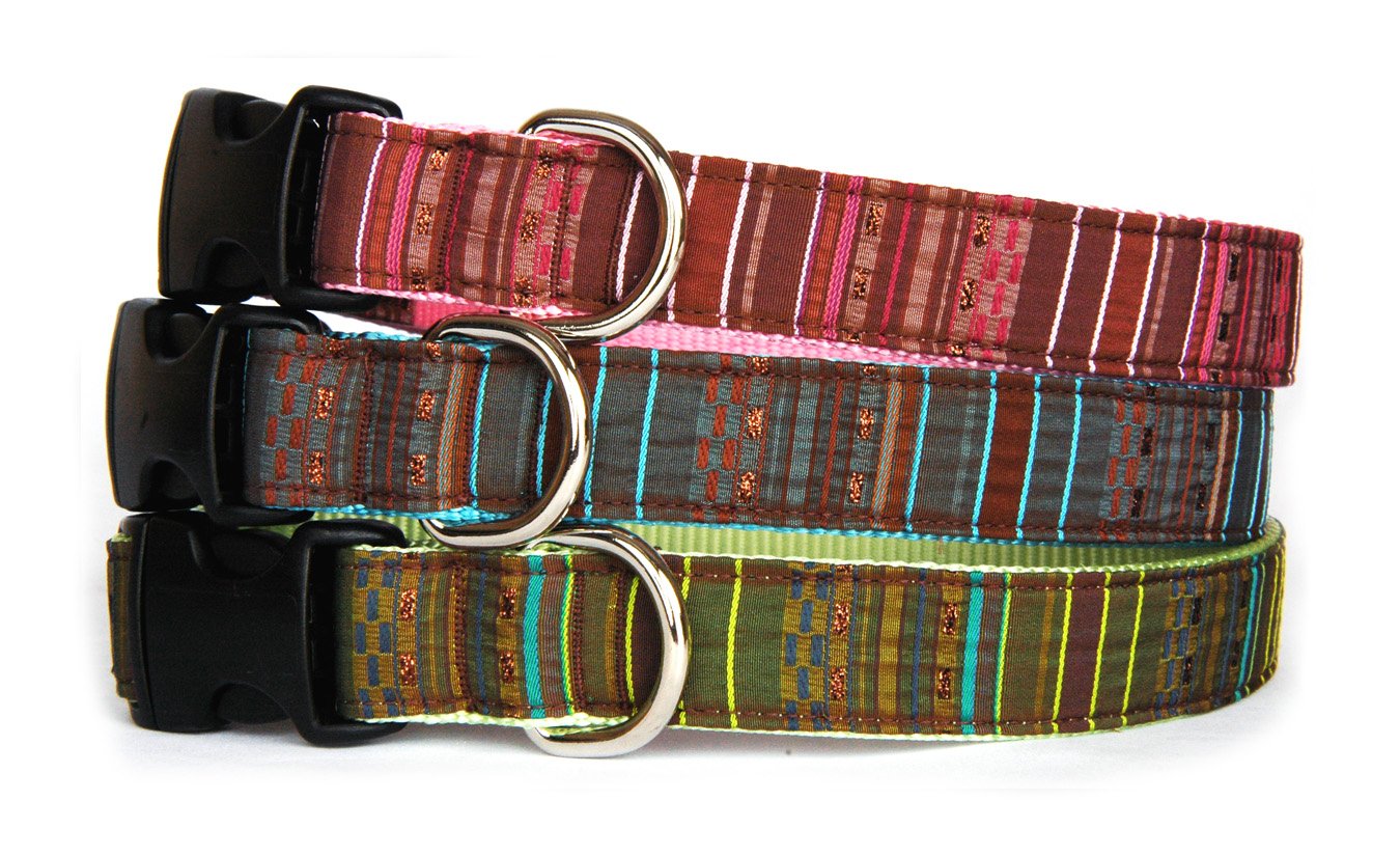 Sparkling Metallic Bronze Stripe Dog Collar - Handmade in USA | Adjustable Pet Collar for Small, Medium & Large Dogs | Pink, Turquoise or Green on Brown Fabric | Perfect for Daily Walks, Training & Fashion Accessories