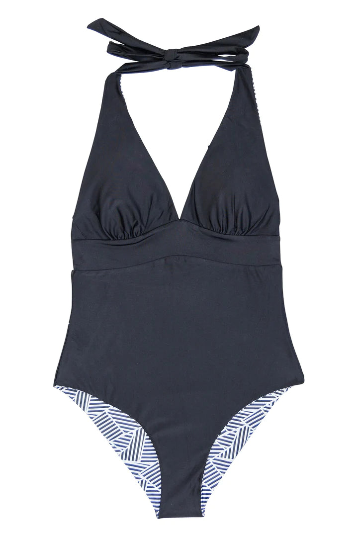 Almeria Reversible Halter One Piece Swimsuit - Black/Tile Print | Stylish Beachwear for Pool, Vacation & Summer Outings