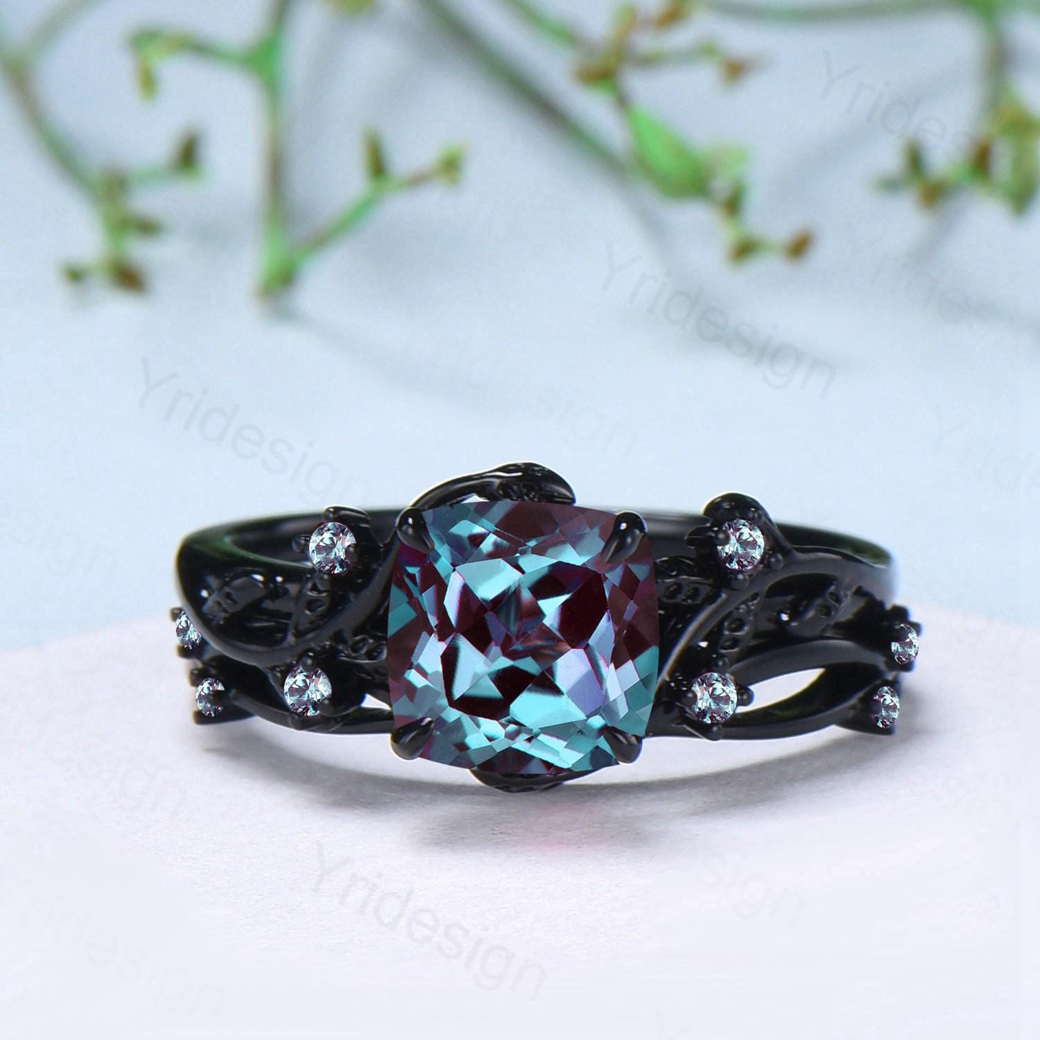 Unique Gothic Alexandrite Wedding Ring Set - Black Gold Cushion Cut Evil Eye Engagement Ring for Women | Nature-Inspired Bridal Jewelry for Weddings & Special Occasions