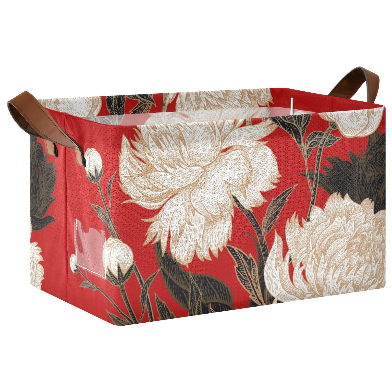 White Peony Red Fabric Storage Bins with Handles - 2 Pack Rectangle Woven Storage Baskets for Closet, Shelf & Home Organization | Perfect for Toys, Blankets & Laundry