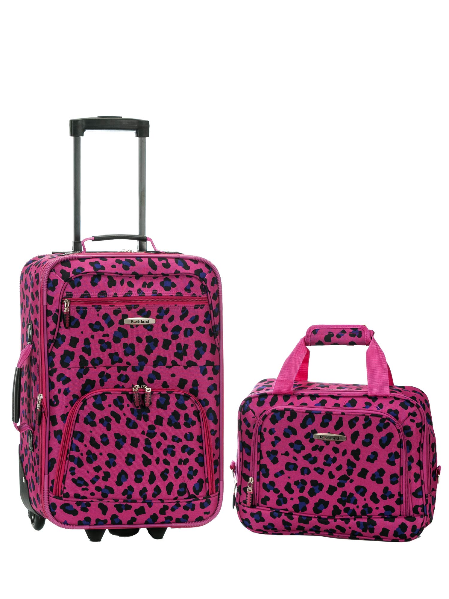 Rockland Fashion Softside Upright Luggage Set - 2-Piece (14/19 Inch) Carry-On & Checked Suitcase, Lightweight Durable Hardshell Spinner with 360° Wheels, Magenta Leopard Print - Perfect for Travel, Business Trips & Vacations