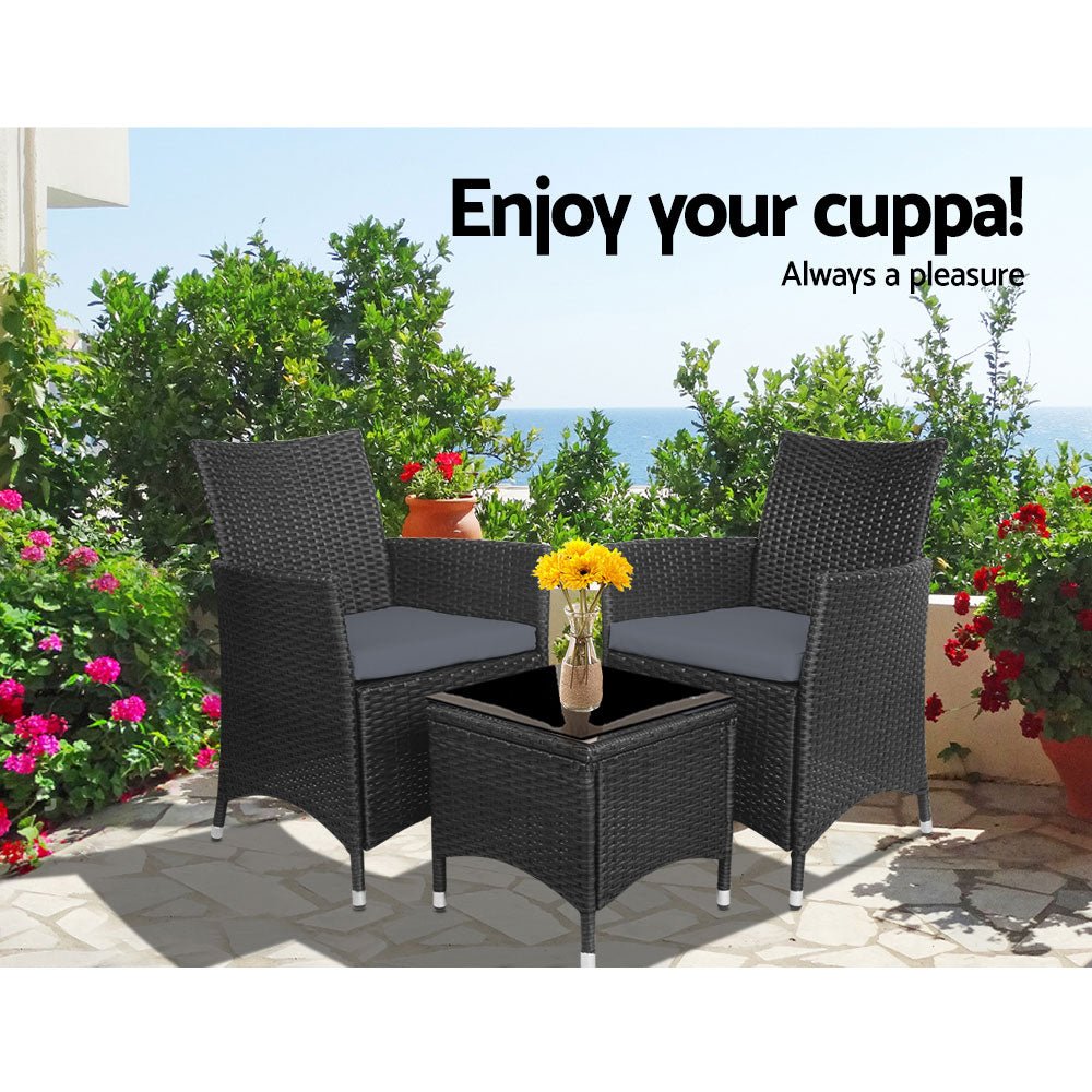 3-Piece Outdoor Bistro Set - All Black Wicker Patio Furniture with Cushions - Perfect for Garden, Balcony & Backyard Dining