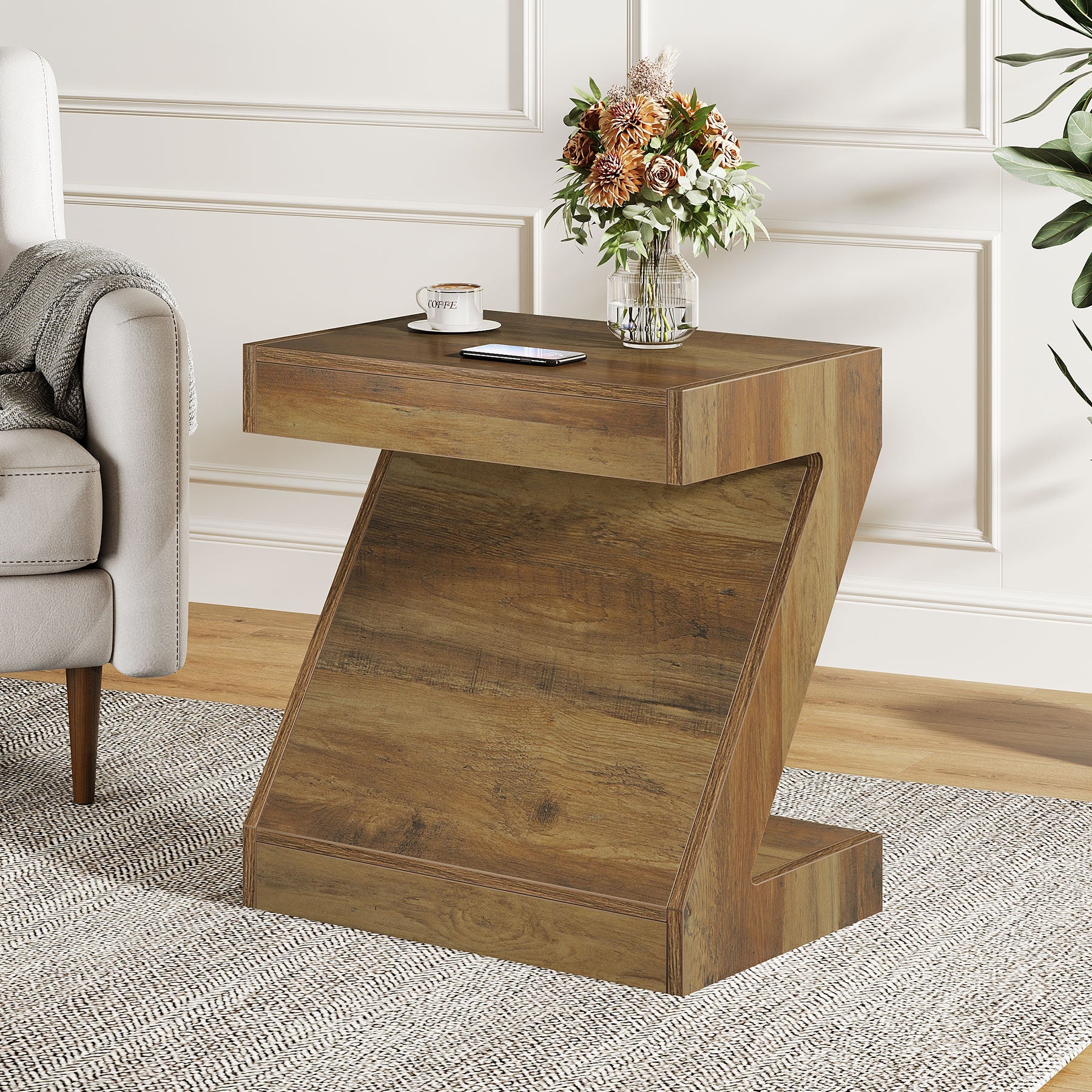 Modern Z-Shaped End Table - Solid Wood Side Table & Nightstand for Living Room, Bedroom, or Office - Stylish and Functional Accent Furniture