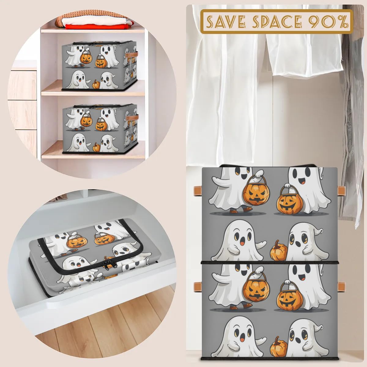 2-Pack Cute Ghost Pumpkin Storage Bins with Zipper Lid - Stackable Metal Frame Closet Organizer Cubes with PU Handles for Clothes, Toys & Seasonal Decor | Halloween, Bedroom & Nursery Storage Solution