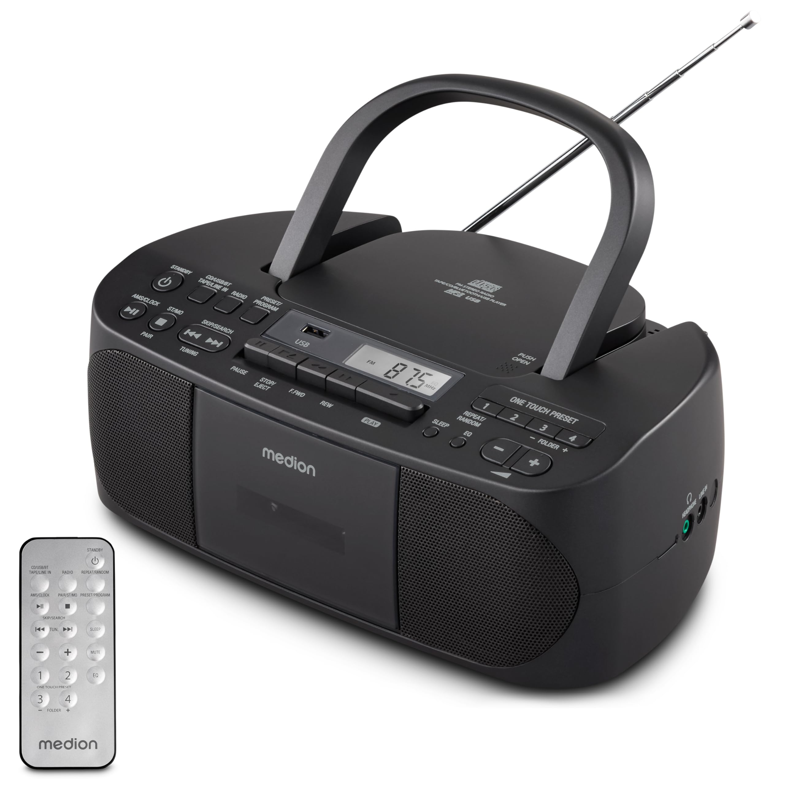 MEDION E65010 Stereo Radio with CD Player, Cassette Deck, USB Port, AUX Audio Input, MP3 Playback, FM PLL Radio, 40 Station Memory, Battery Operated, Remote Control - Black - Perfect for Home, Office, or Car Use