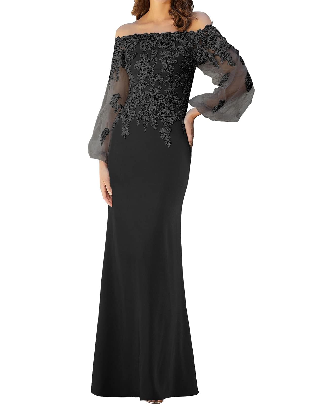 Elegant Long Sleeve Mother of The Bride Dress with Lace Appliques - Off Shoulder Chiffon Formal Gown for Weddings, Receptions & Special Occasions
