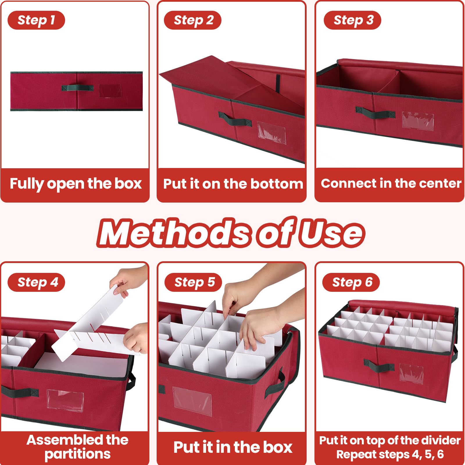 Christmas Ornament Storage Box for 4'' (36 PCS) or 3'' (64 PCS) Balls - Adjustable Dividers, Stackable Cube Organizer with Dual Zipper & Handles - Perfect for Holiday Decor Storage & Organization