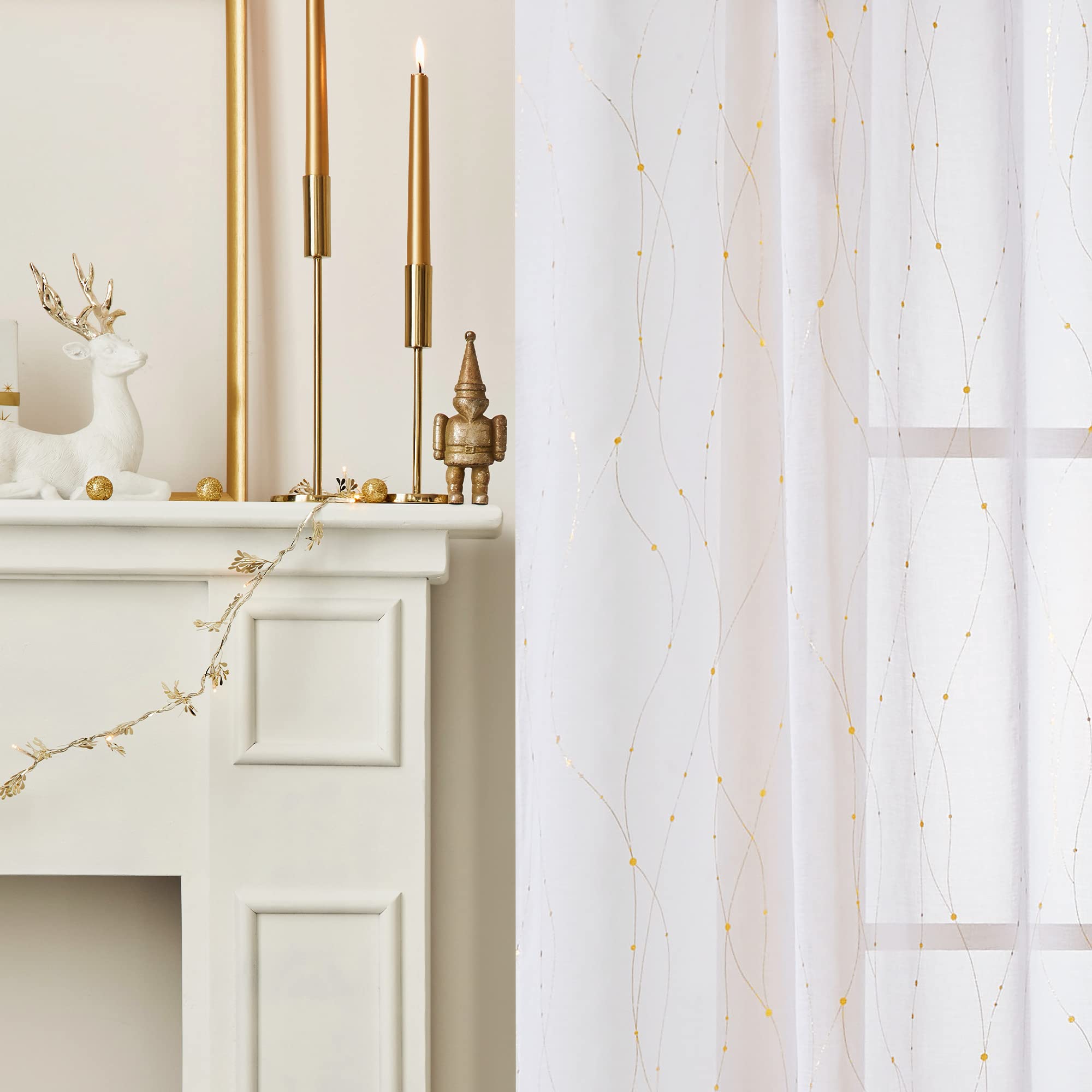 Deconovo Gold Printed Semi-Sheer Voile Curtains - 2 Panels Set (52x84 Inches) - Light Filtering Window Drapes for Living Room, Bedroom - White & Gold Luxury Sheer Curtains - Perfect for Modern Home Decor & Sun Protection