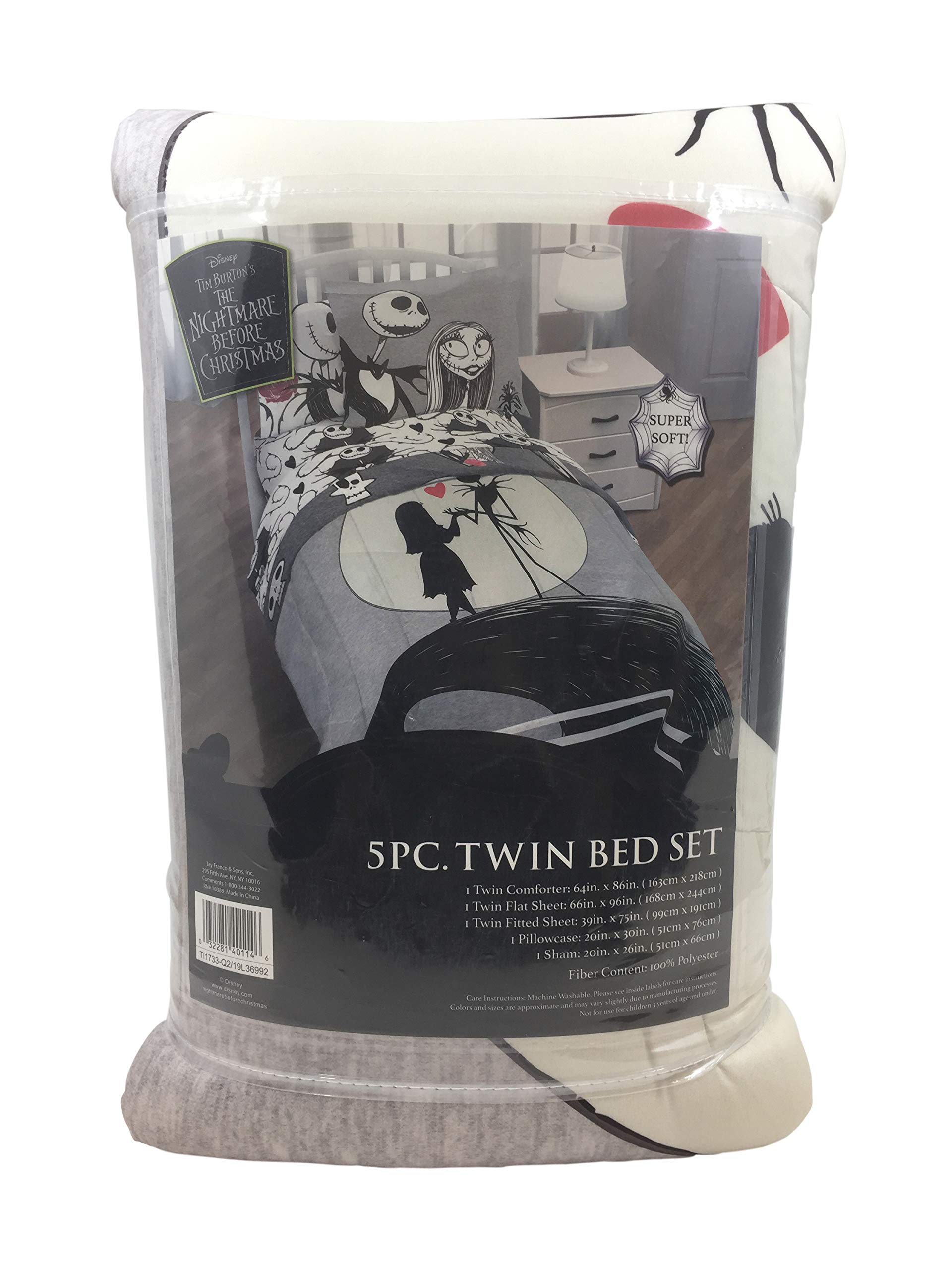 Disney Nightmare Before Christmas Twin Bed Set - 5 Piece Reversible Comforter & Sheet Set with Jack Skellington & Sally - Super Soft Microfiber Bedding for Kids & Teens - Perfect for Halloween & Christmas Decor