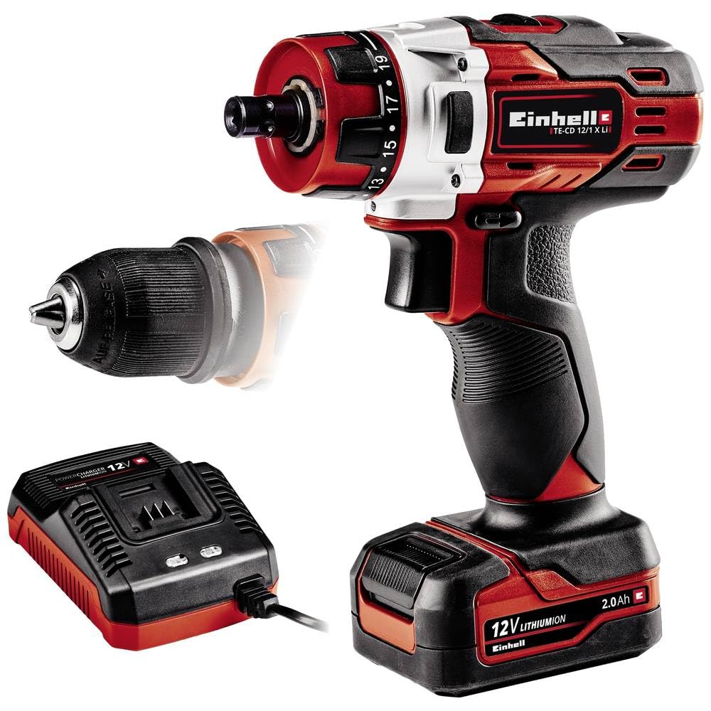 Einhell TE-CD 12/1 X-Li Cordless Drill - 12V Lithium-Ion Battery, 2-Speed Gearbox, LED Light & Soft Grip (Includes 2.0Ah Battery & 45-Min Charger) - Perfect for DIY Home Projects, Woodworking, and Light Construction Tasks