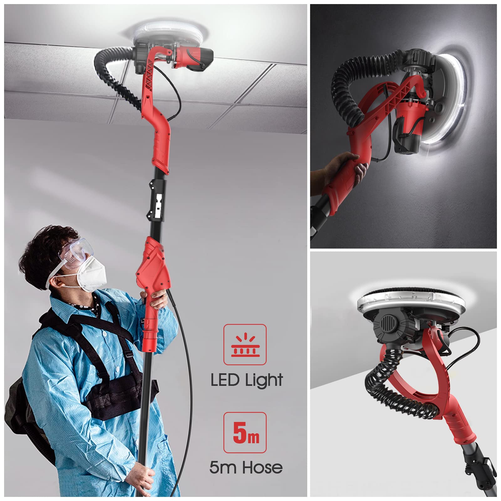 750W Electric Drywall Sander with Vacuum Dust Collection - 6 Speed Adjustable (1000-1850 RPM) for Popcorn Ceiling Removal - Includes 14Pcs Sandpaper, LED Light & Foldable Handle - Perfect for Home Renovation, Drywall Repair and DIY Projects