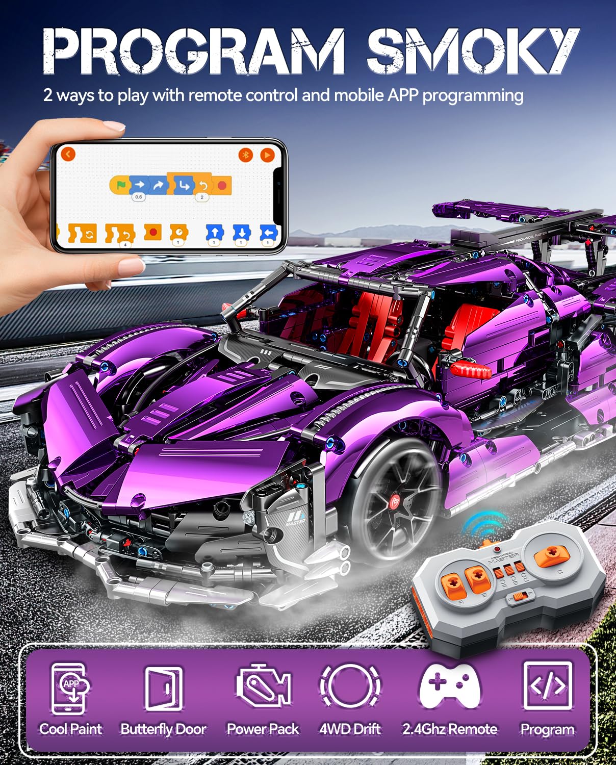 BAV 1:10 Scale Purple Plated Sports Car Building Kit - Collectible Remote Control Electric Drift Racing Model for Adults, Men & Teens - Perfect for Hobbyists, DIY Enthusiasts & RC Car Racing Fans
