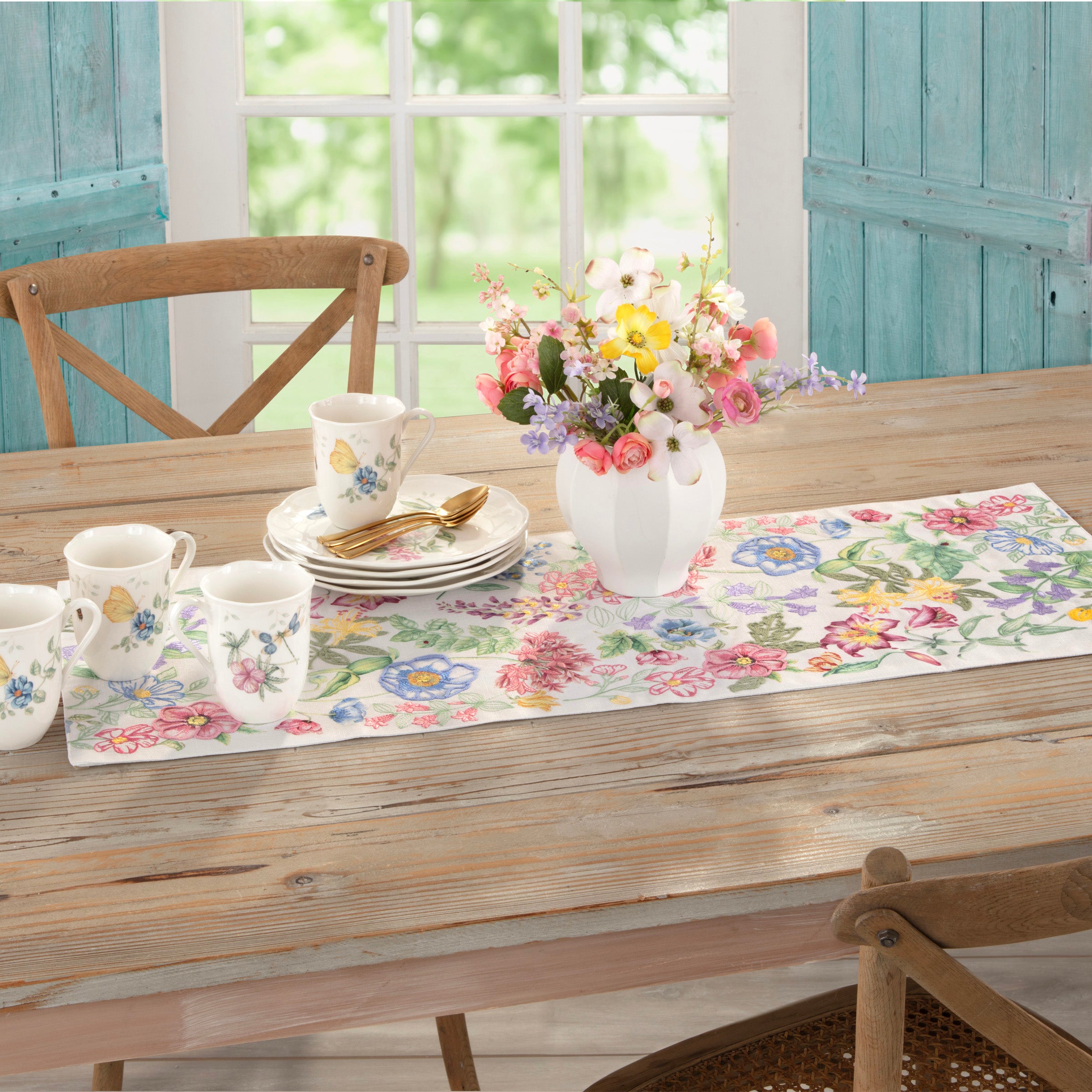 Butterfly Meadow Embroidered Table Runner - Elegant Floral Garden Centerpiece for Dining Room, Wedding, and Home Decor