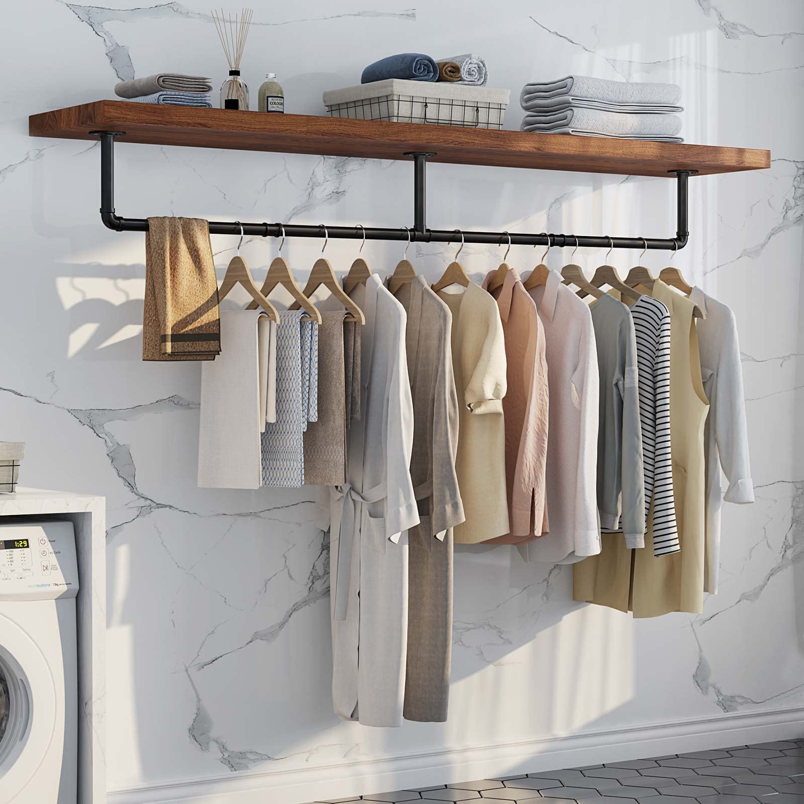 GREENSTELL Heavy Duty Clothes Rack - 73.5 Inch Industrial Pipe Clothing Rack with Wall Mount Option, Space Saving Closet Organizer for Bedroom, Laundry Room & Garage Storage (2 Pack) - Perfect for Hanging Coats, Dresses, Towels & Seasonal Clothing