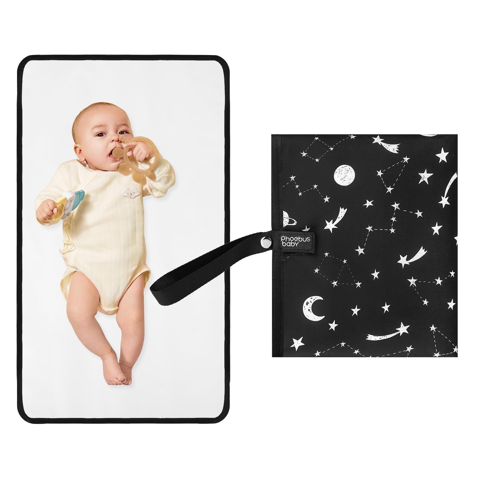Portable Waterproof Baby Diaper Changing Pad - Compact Travel Changing Mat with Wrist Strap, Wipeable & Lightweight for Diaper Bag (Black Stars) - Perfect for On-the-Go Parents, Airplane Travel & Quick Diaper Changes