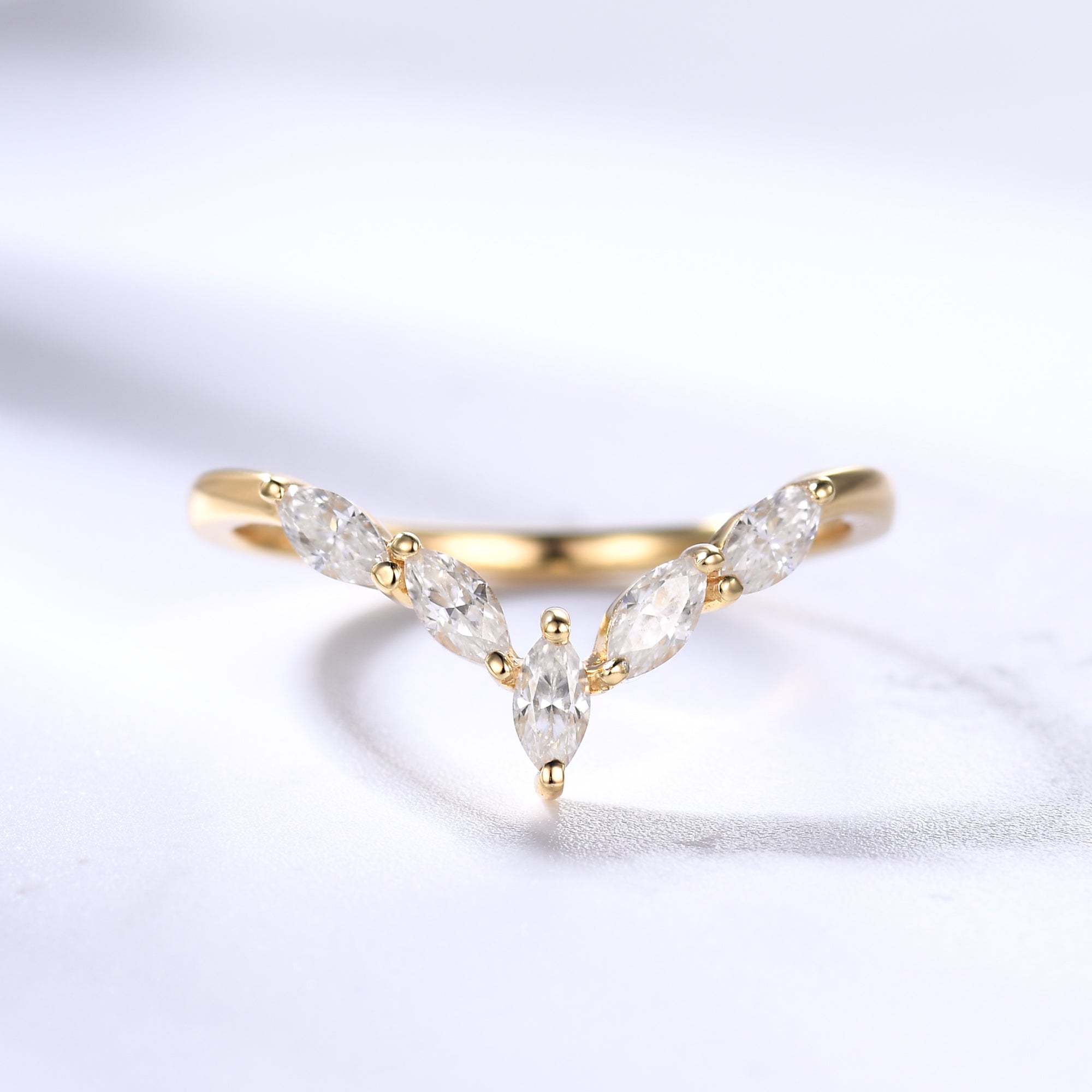14K Yellow Gold Marquise Moissanite Wedding Ring Set - Curved Chevron Matching Band for Women, Bridal Jewelry, Anniversary Gift, Engagement Ring Alternative for Special Occasions