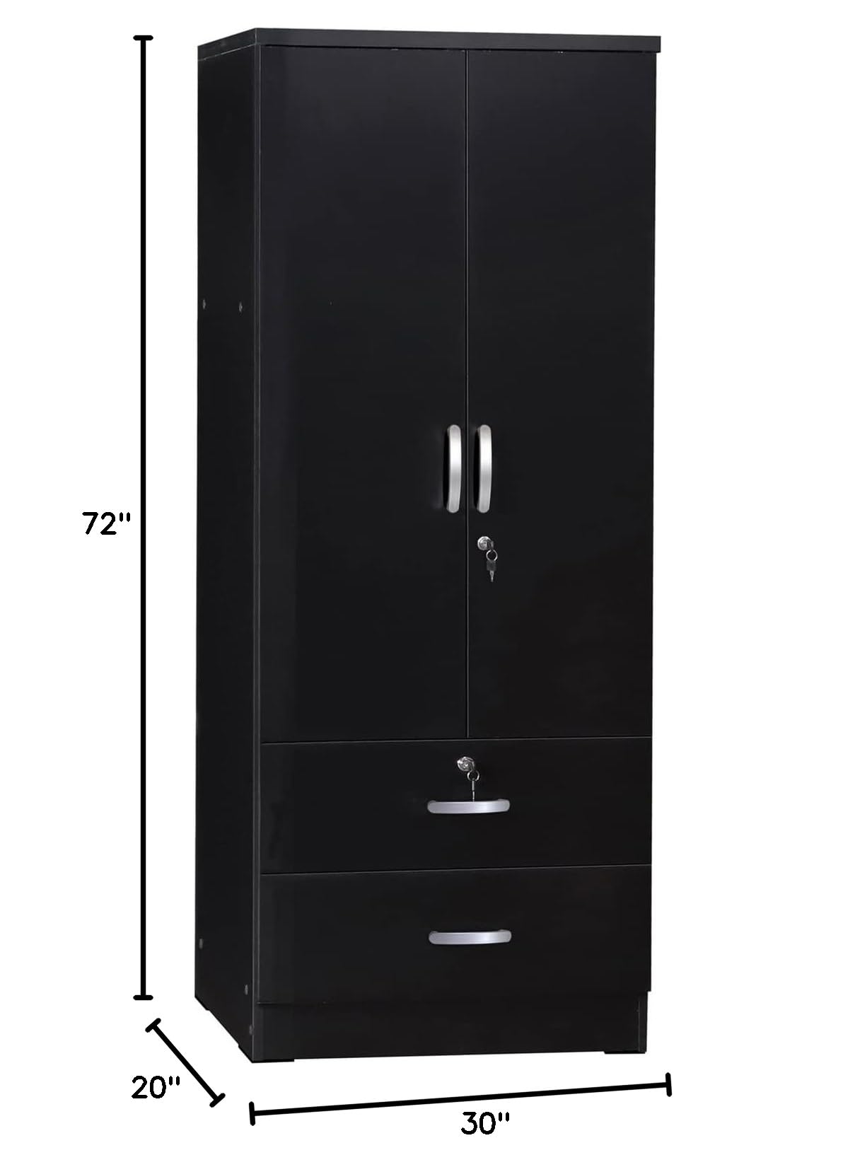 Better Home Products Grace Wood 2-Door Wardrobe Armoire with 2 Drawers - Black Wooden Closet for Bedroom Storage & Organization