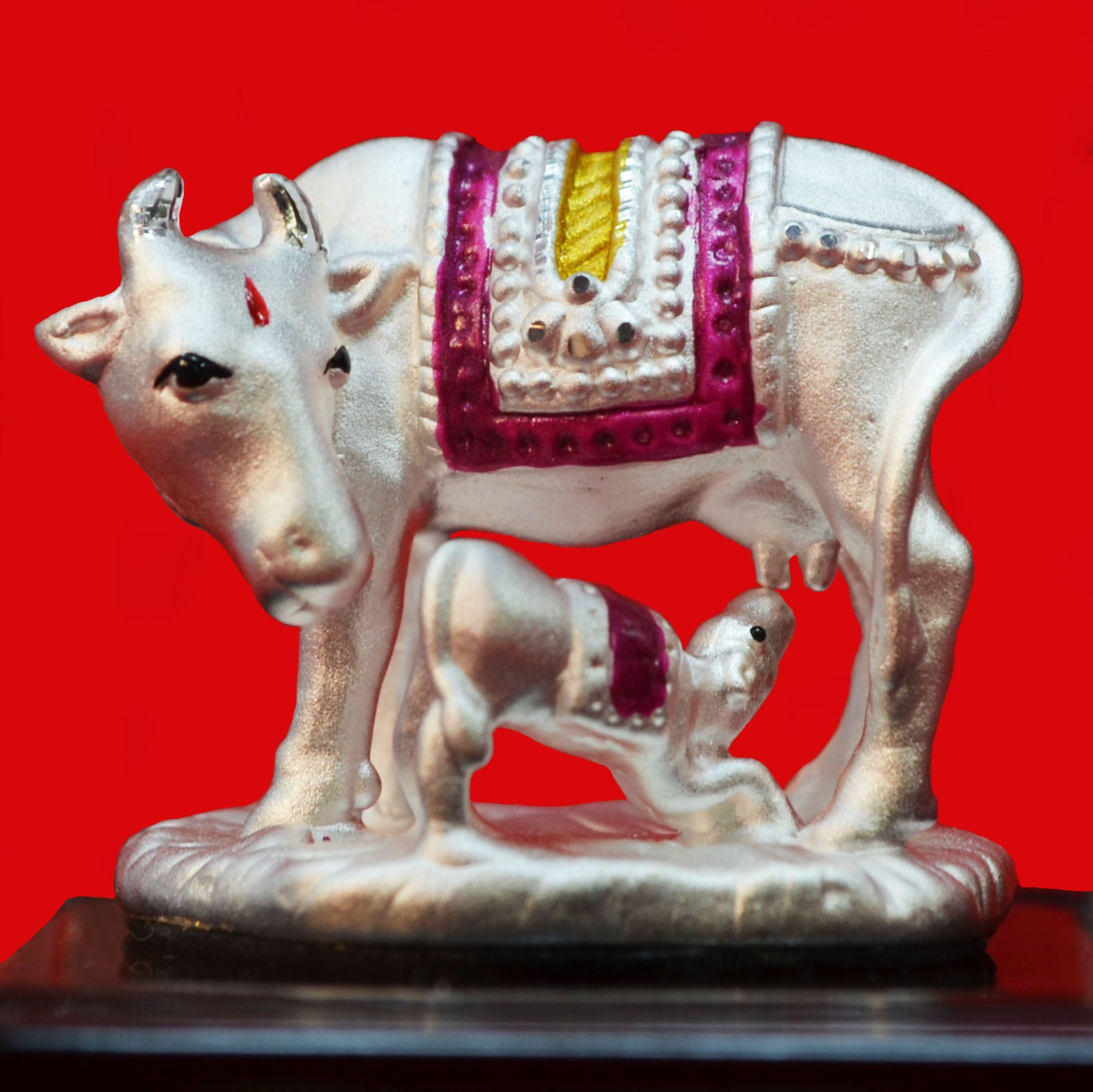 999 Pure Silver Small Cow and Calf Idol - Handmade Hindu God Statue for Home Altar, Pooja Room Decor & Spiritual Gift