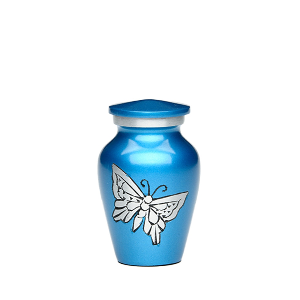 Elegant Blue Metal Cremation Urn with Butterfly Design - Perfect for Memorials, Ashes Storage & Home Decor