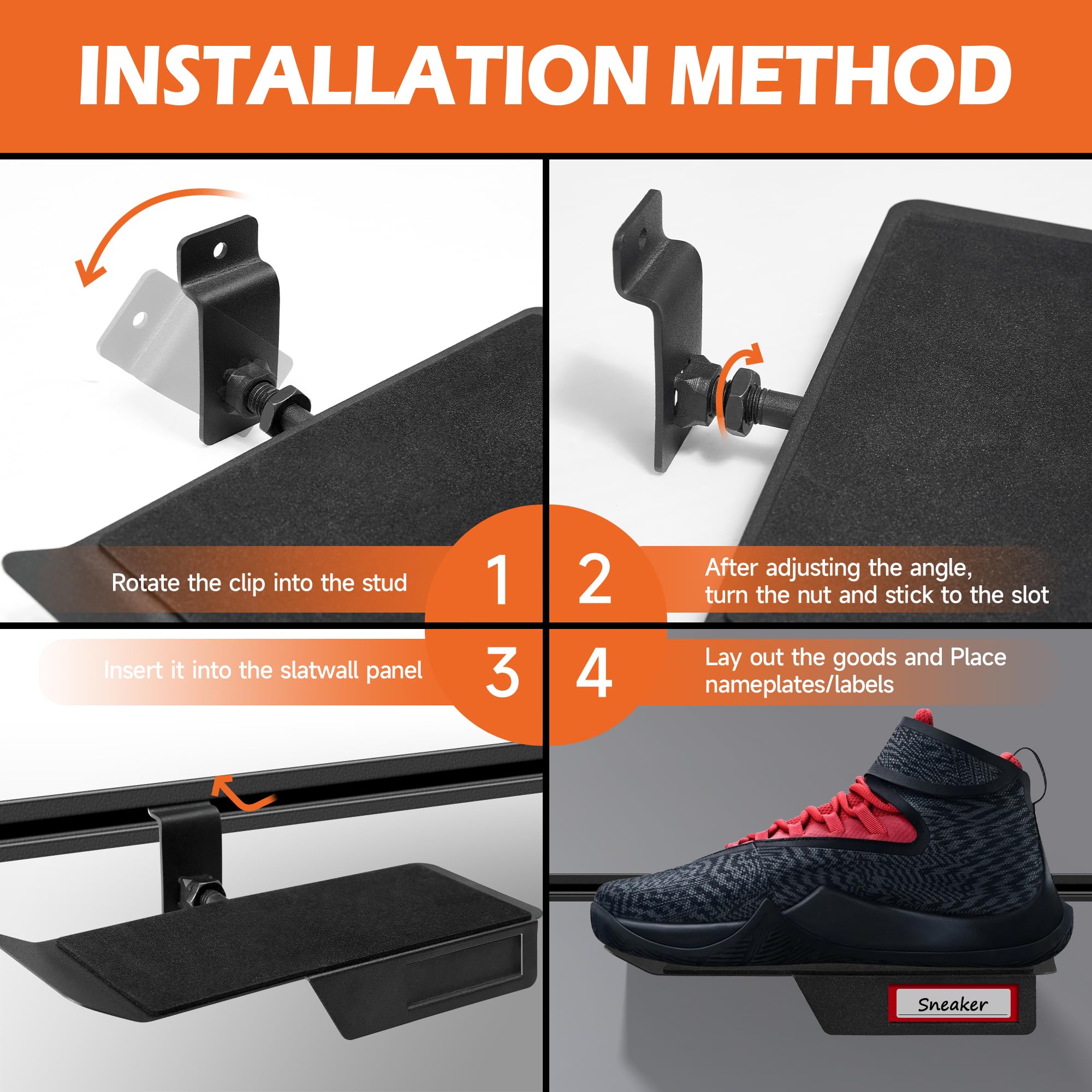 8 Pack Adjustable Slatwall Shelves for Shoes - Sponge Padded Tilt Shelving with Slat Wall Panels - Retail Store Display & Organization Accessories - Perfect for Shoe Storage and Retail Merchandising