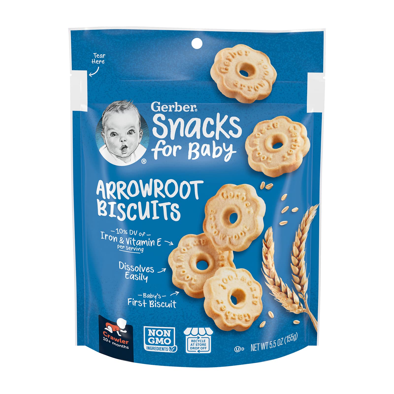 Organic Gerber Baby Arrowroot Biscuits - 5.5oz Pouch (Pack of 4) | Healthy Teething Snacks for Infants | Perfect for On-the-Go, Daycare & Travel