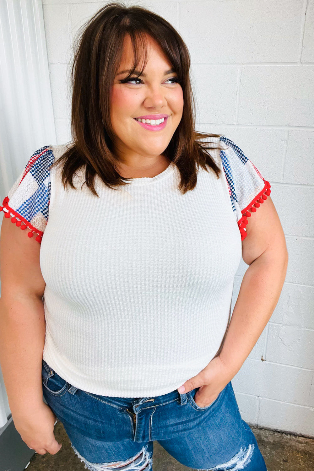 Patriotic Pom Pom Lace Flutter Sleeve Top - Women's Red White Blue Ruffled Blouse for 4th of July, Independence Day & Summer Parties