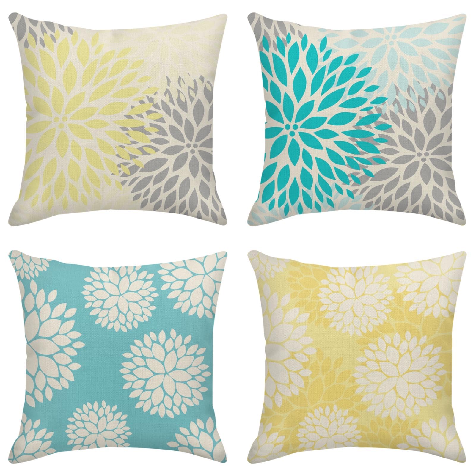 Decorative Linen Throw Pillow Covers Set of 4 - Yellow, Gray, Pastel Blue & White Floral Teal Turquoise Aqua Lemon Dahlia - 16x16 Inches for Sofa, Bed, Couch & Home Decor