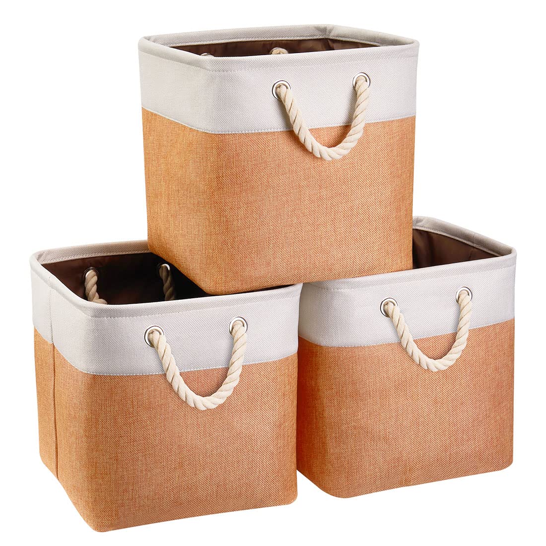 i BKGOO 3-Pack Large Foldable Storage Bins | Collapsible Fabric Organizer Baskets with Cotton Handles | 13×13×13 Inch Beige-Orange | Perfect for Home, Office, Shelf, Clothes & Toys Organization