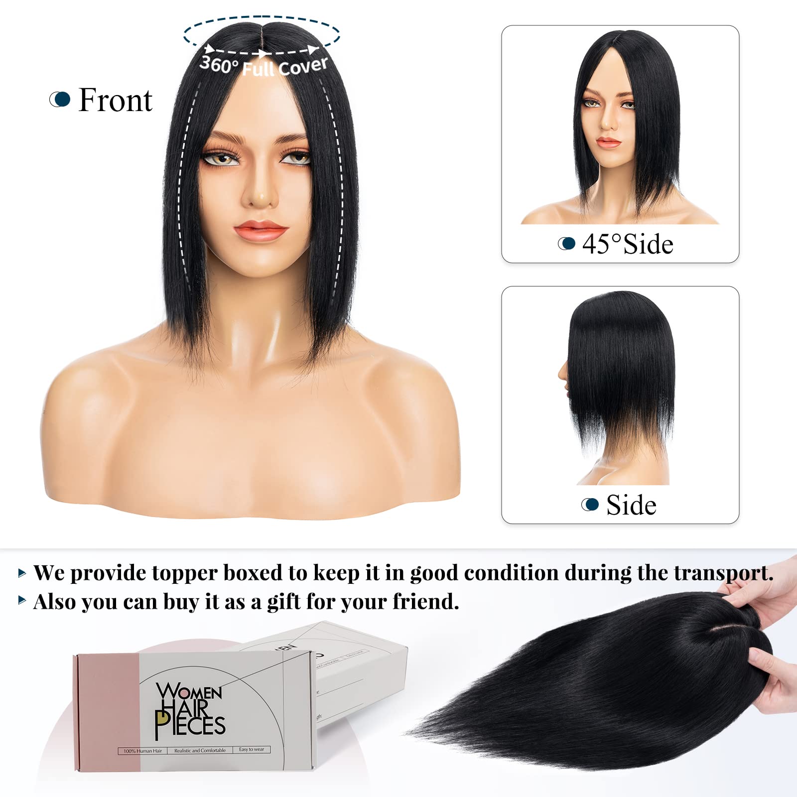 Benehair Clip-in Human Hair Topper for Women with Thinning Hair - 12