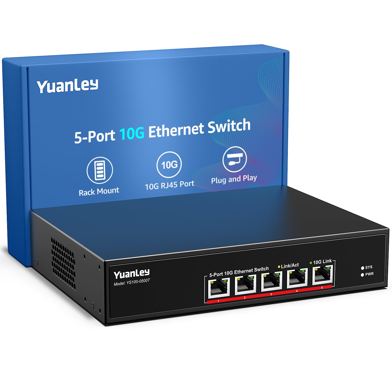 YuanLey 5-Port 10G Ethernet Switch with 5 x 10Gbps RJ45 Ports | 10G/5G/2.5G/1G/100Mbps Auto-Negotiation | 100Gbps Switching Capacity | Unmanaged Plug & Play Rackmount Network Switch for Home Office, Data Center & Gaming Setup