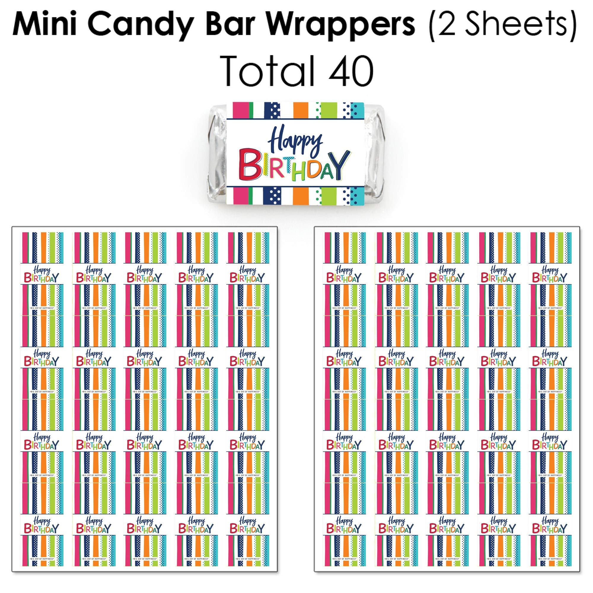 Happy Birthday Candy Wrappers & Stickers Kit - 304 Pieces Colorful Party Favors for Birthdays, Celebrations, Baby Showers & DIY Crafts - Big Dot of Happiness Cheerful Mini Candy Bar Wrappers with Round Stickers