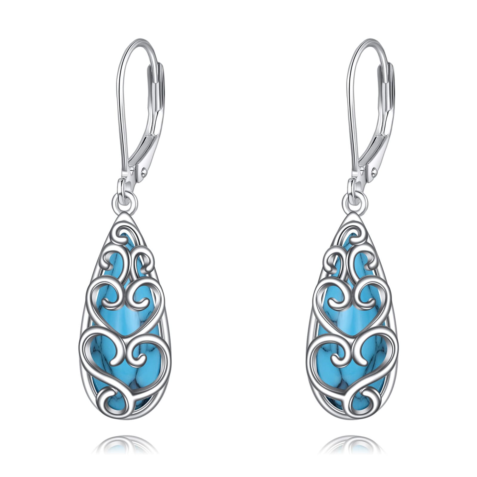 POPLYKE Filigree Turquoise Earrings for Women - 925 Sterling Silver Leverback Dangle Earrings, Handmade Boho Jewelry Gifts for Birthday, Anniversary, Christmas | Perfect for Casual Wear, Parties & Special Occasions