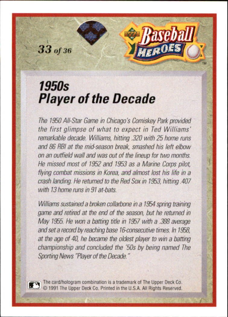 1992 Upper Deck Williams Heroes #33 Ted Williams MLB Baseball Trading Card - Rare Collectible for Sports Fans & Memorabilia Enthusiasts - Perfect for Display, Gifts & Investment