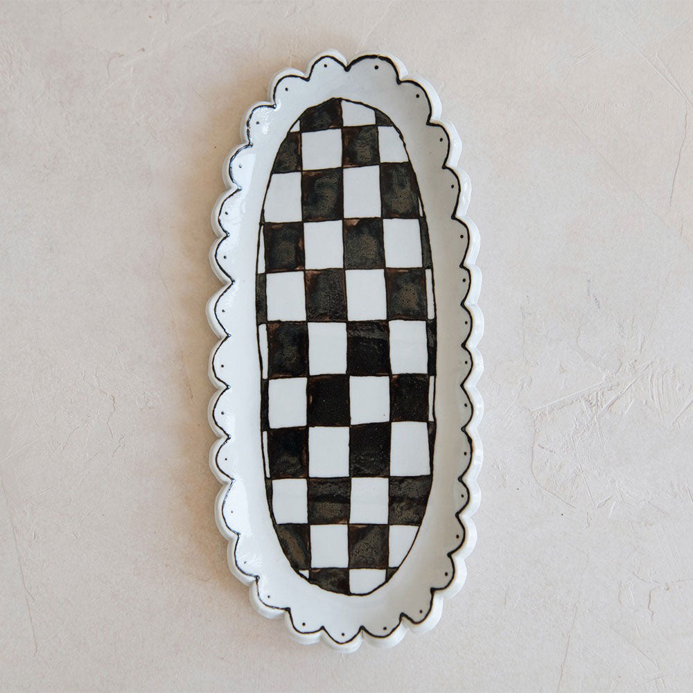 Hand-Painted Ceramic Checkered Tray - Decorative Serving Tray for Coffee, Tea, and Breakfast - Perfect for Home Decor and Gift Giving