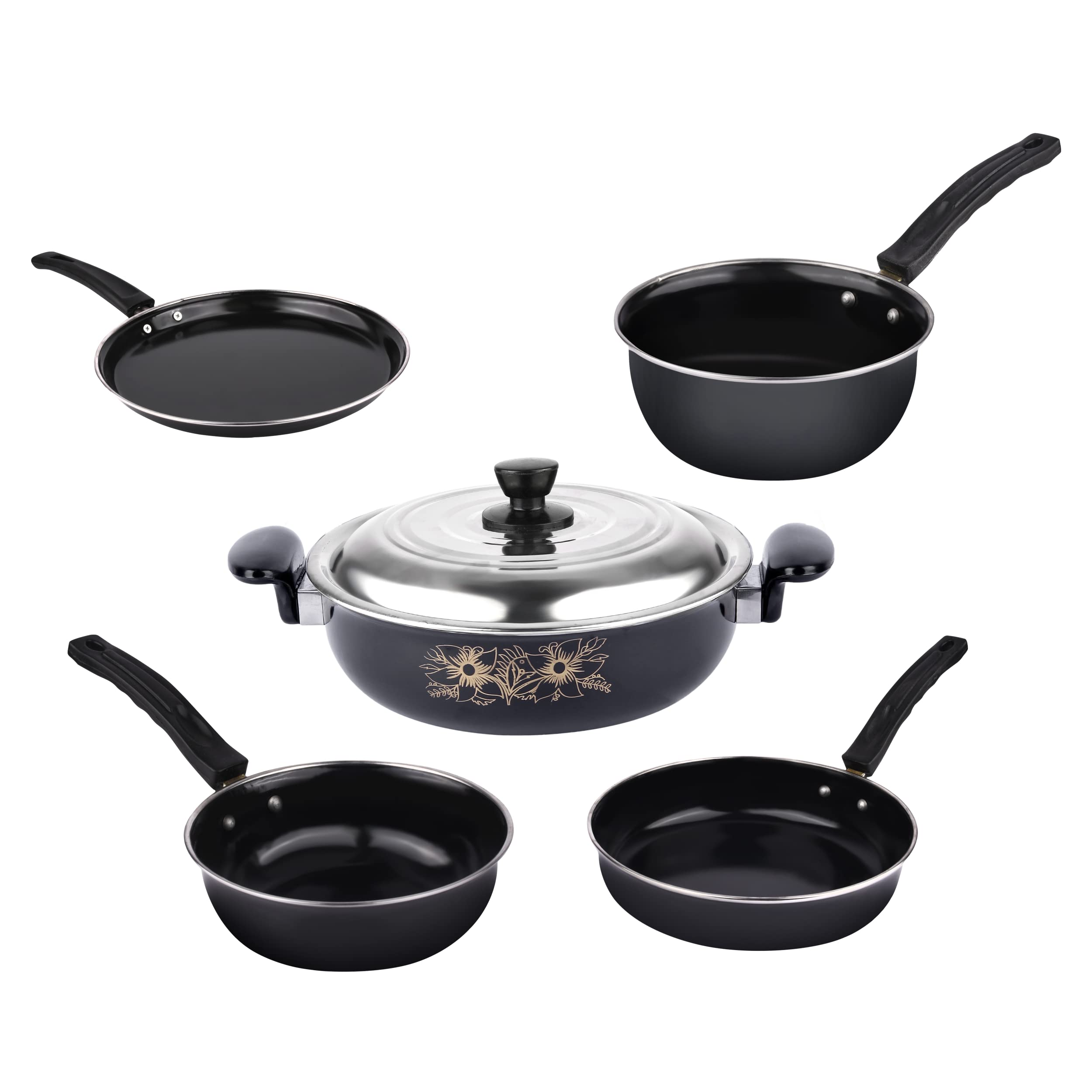 5-Piece Non-Stick Kitchen Cookware Set - Induction Compatible Kadai with Lid, Fry Pan, Tawa, Sauce & Tadka Pan - Ceramic Hard Anodized Cast Iron Utensils for Indian Cooking, Frying & Sauteing - Perfect for Home Chefs & Restaurant Use