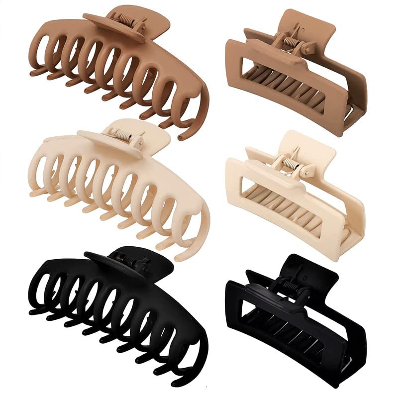 Belicia 6-Pack Large Hair Claw Clips for Women - Neutral Color Hair Accessories (4.3 Inch & 3.5 Inch) - Strong Hold for Thick Hair, Banana Clips for Ponytails, Buns & Everyday Styling - Multicolor Hair Clips Set