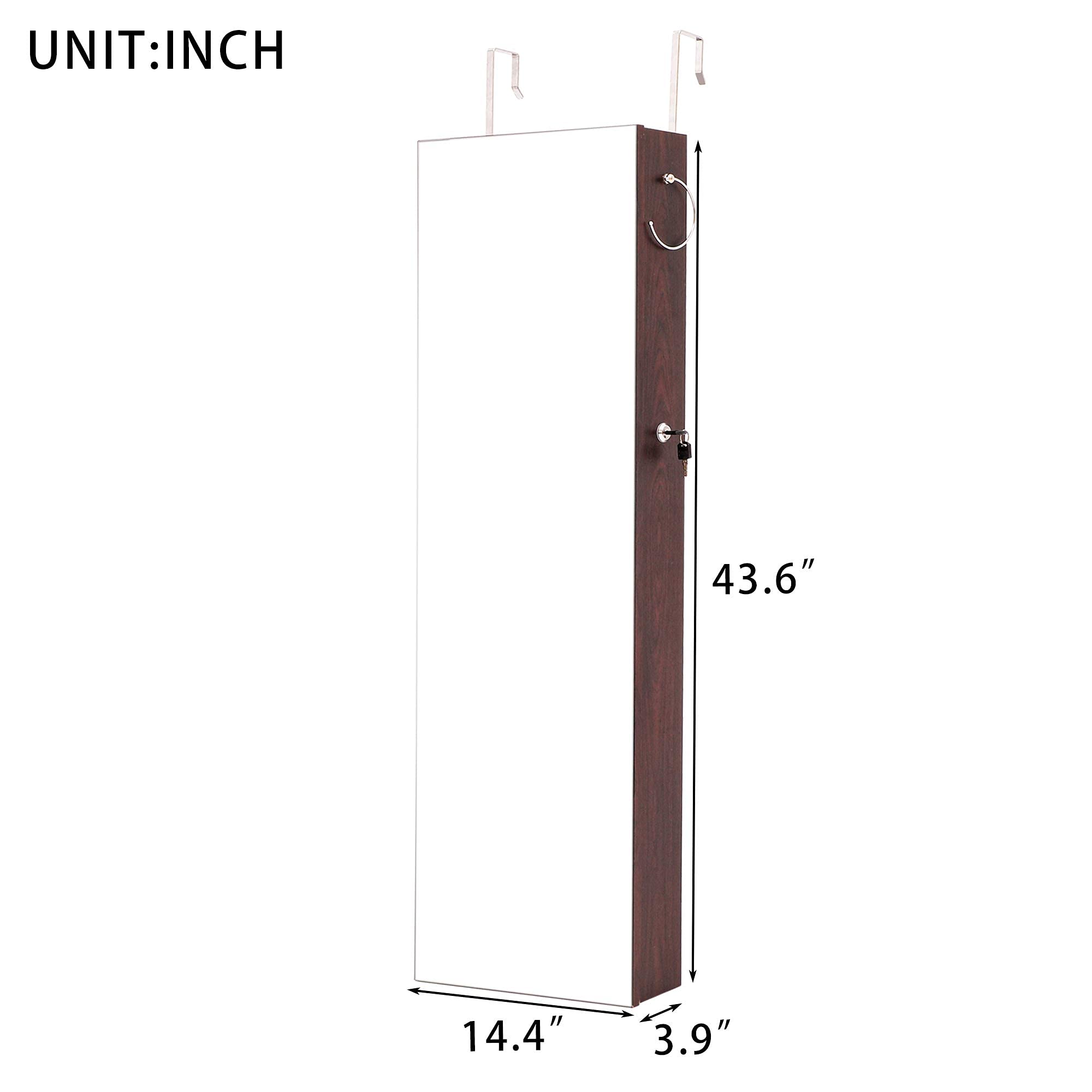 6 LED Jewelry Armoire Organizer - Wall/Door Mounted Full Length Mirror Jewelry Cabinet with Built-in Lights, Fashion Jewelry Storage for Necklaces, Rings & Earrings - Perfect for Bedroom, Closet & Dressing Room Organization (Brown)
