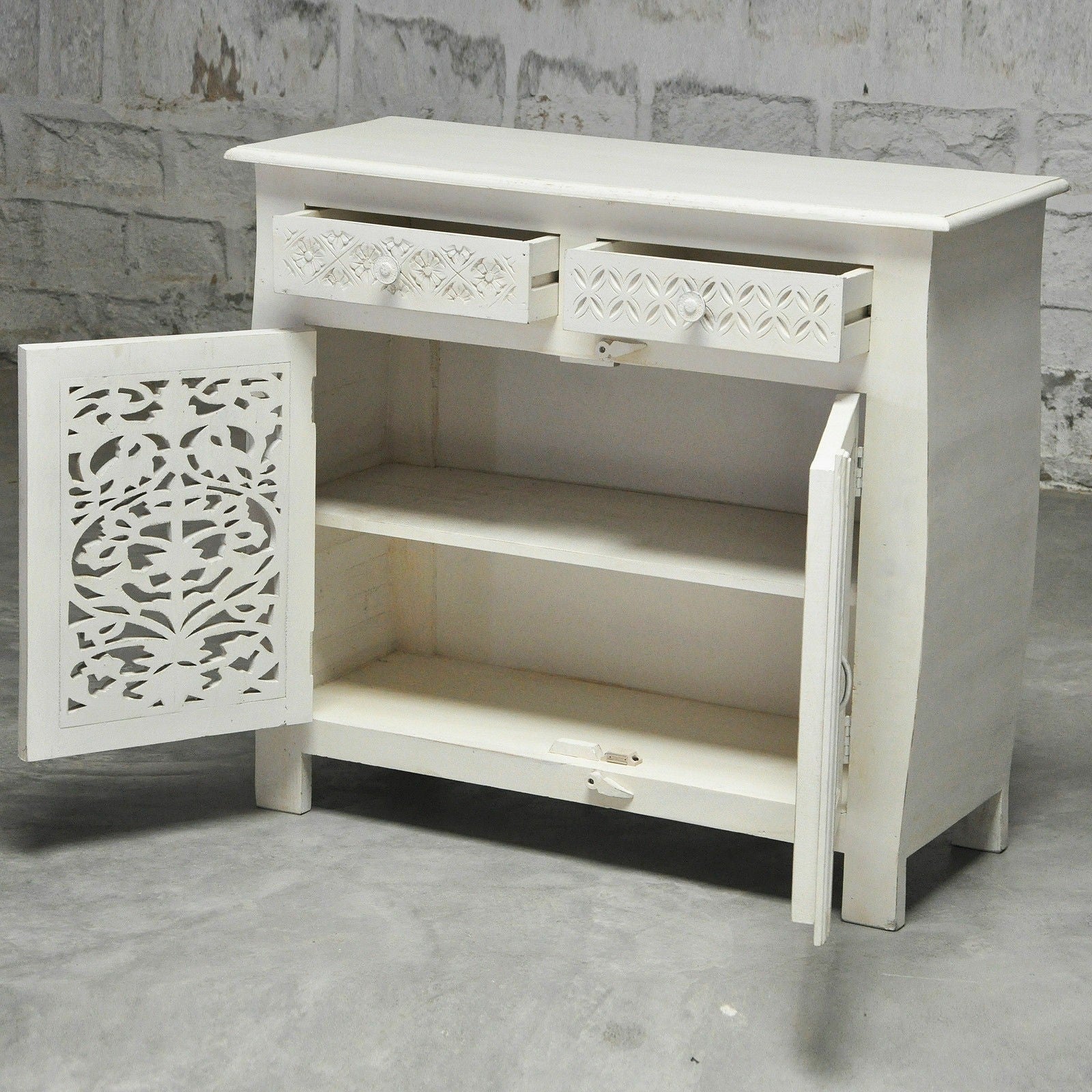 French Colonial Solid Wood Jali Carved Sideboard - White Vintage Buffet Cabinet for Dining Room, Living Room & Entryway Storage