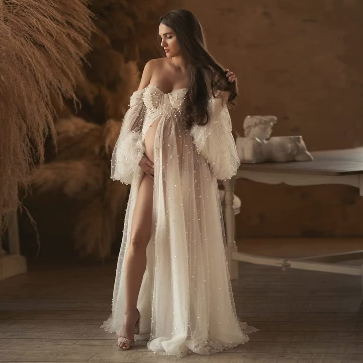 Elegant Pearl Embellished Tulle Maternity Dress with Long Puffy Sleeves - Perfect for Baby Showers, Pregnancy Photoshoots & Special Occasions | Flowy Maternity Gown for Stunning Maternity Pictures & Celebrations